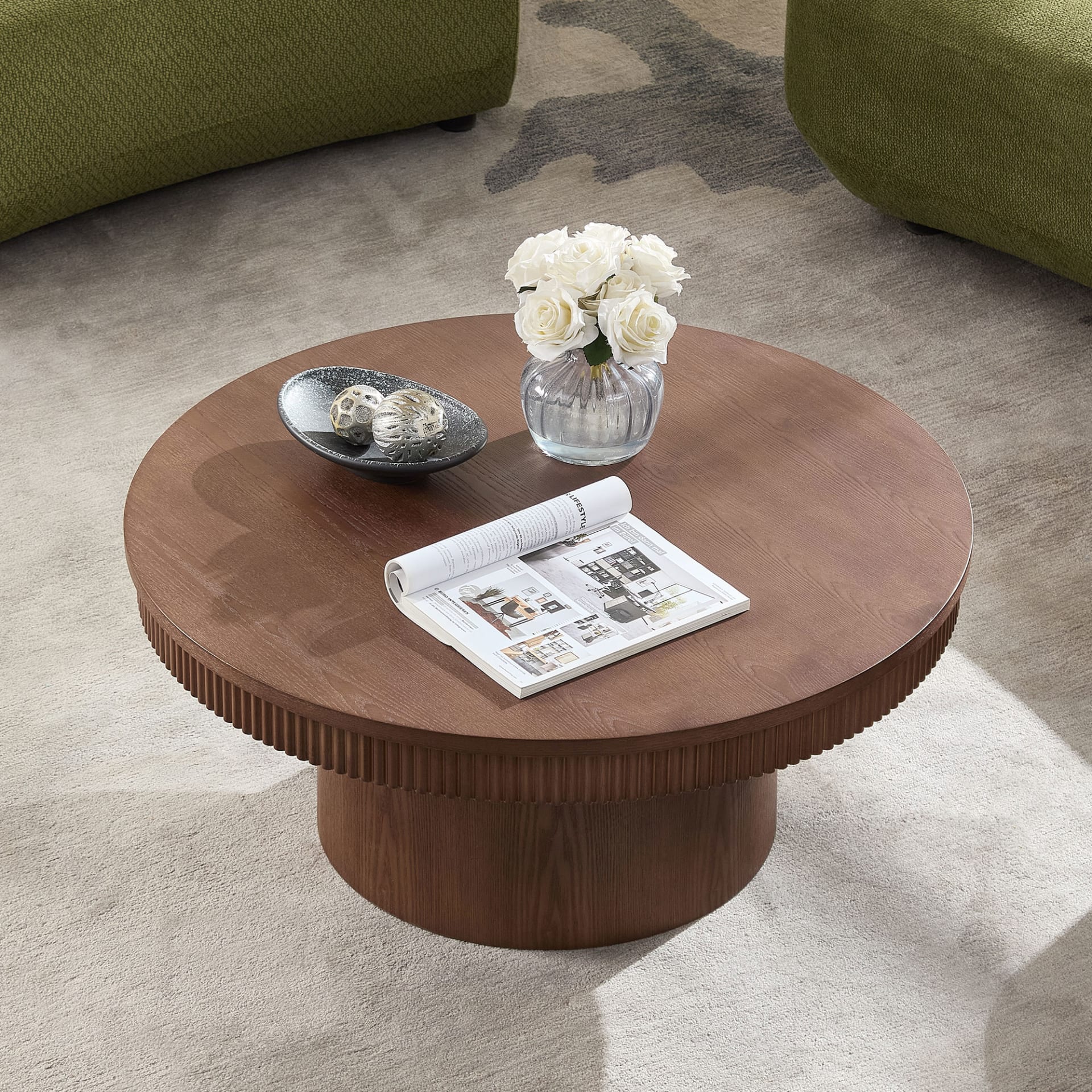 35.43 Inch Walnut Round Coffee Table With Solid Wood Ribbed Wave Trim,MDF Wood Veneer Table For Living Room,Apartment,Office view 3