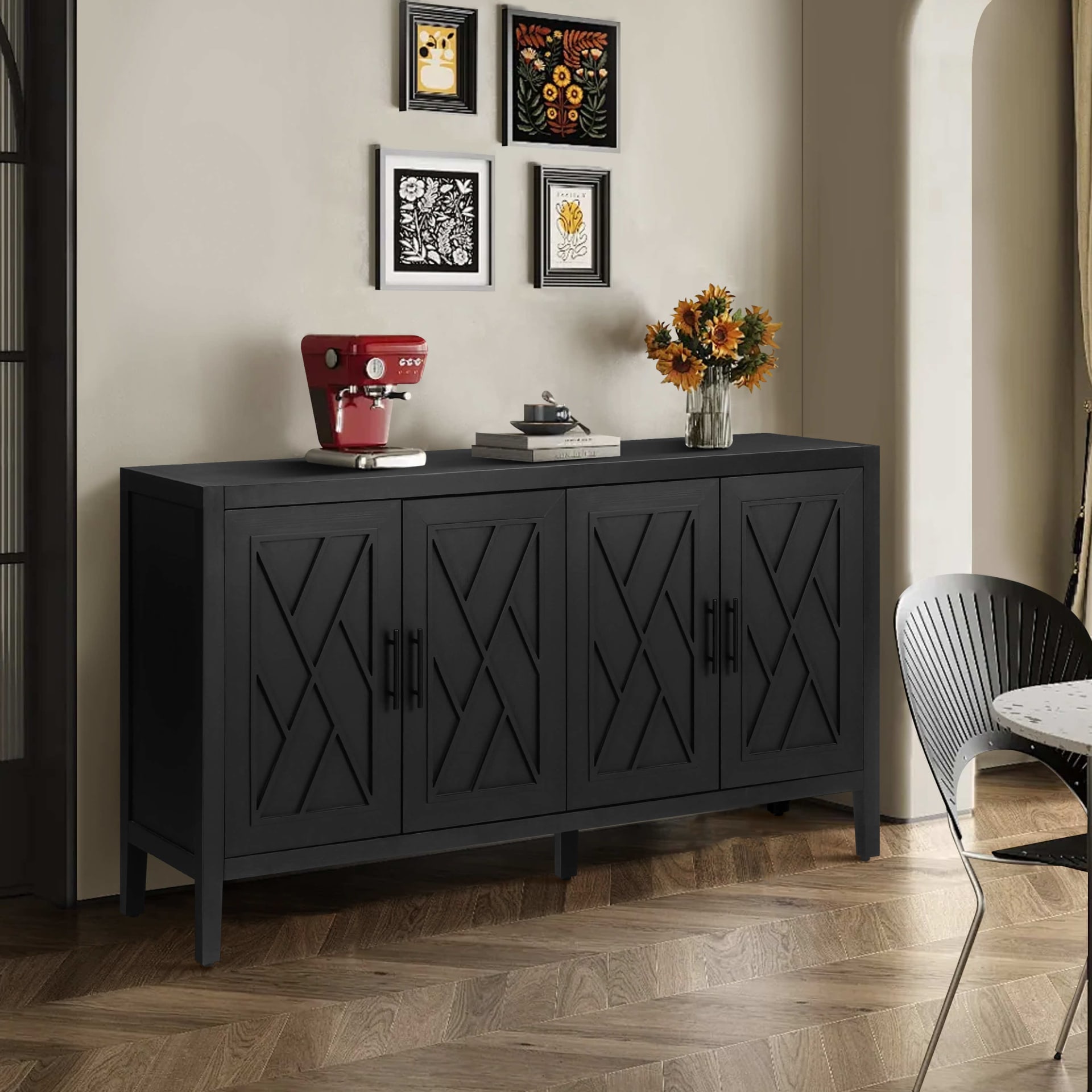 60 Inches Modern Farmhouse Accent Cabinet With 4 Doors And Adjustable Shelf Wood Sideboard Buffet Cabinet Console Table Credenza Buffet Table For Kitchen Dining Room Entryway Hallway Antique Black view 4