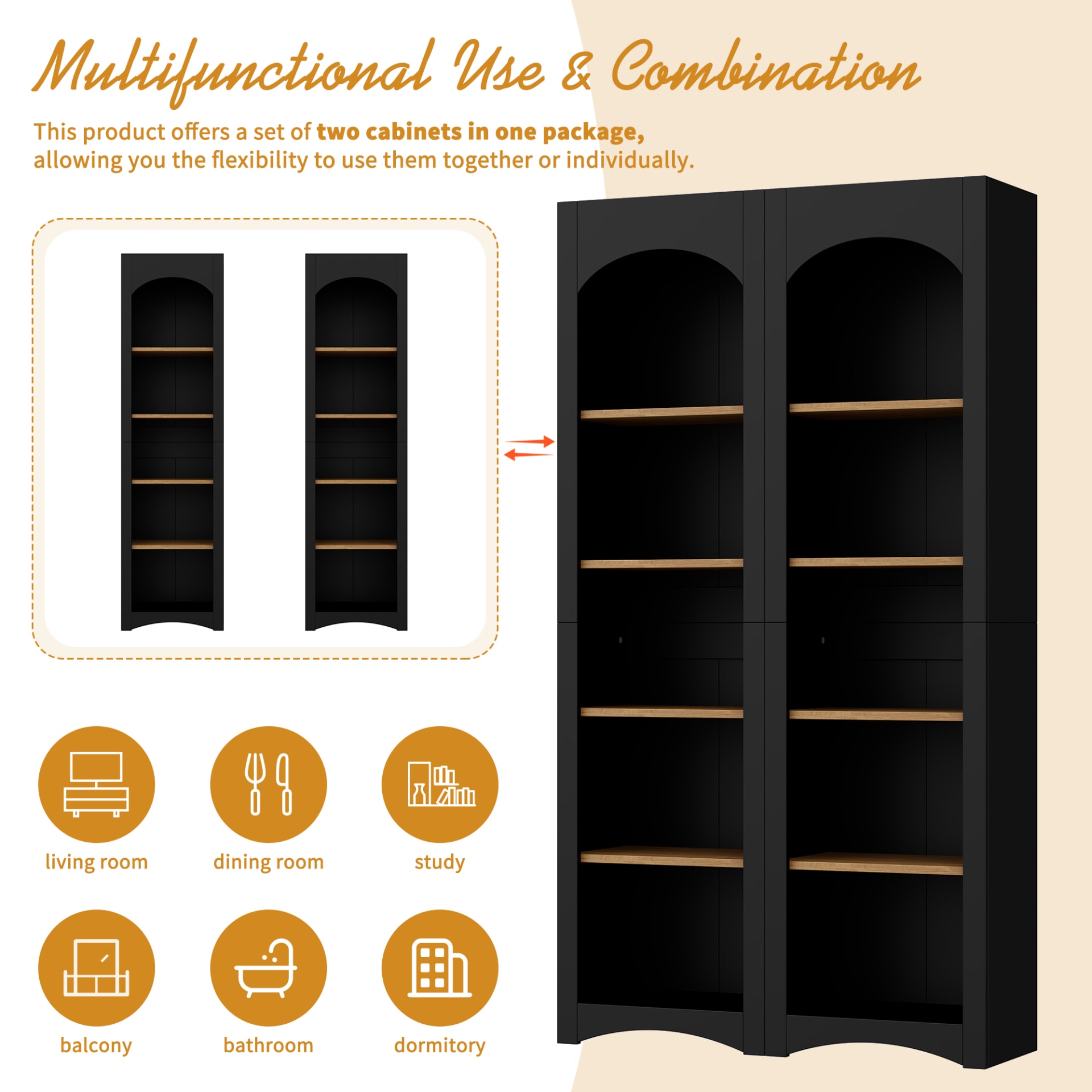 ON-TREND Free Standing 5 Tier Bookshelves, Bookcases Set Of 2, Farmhouse Two-Tone Storage Cabinet With Adjustable Shelves, Modern 72H Kitchen Pantry Cabinet For Living Room, Home Office, Black view 3