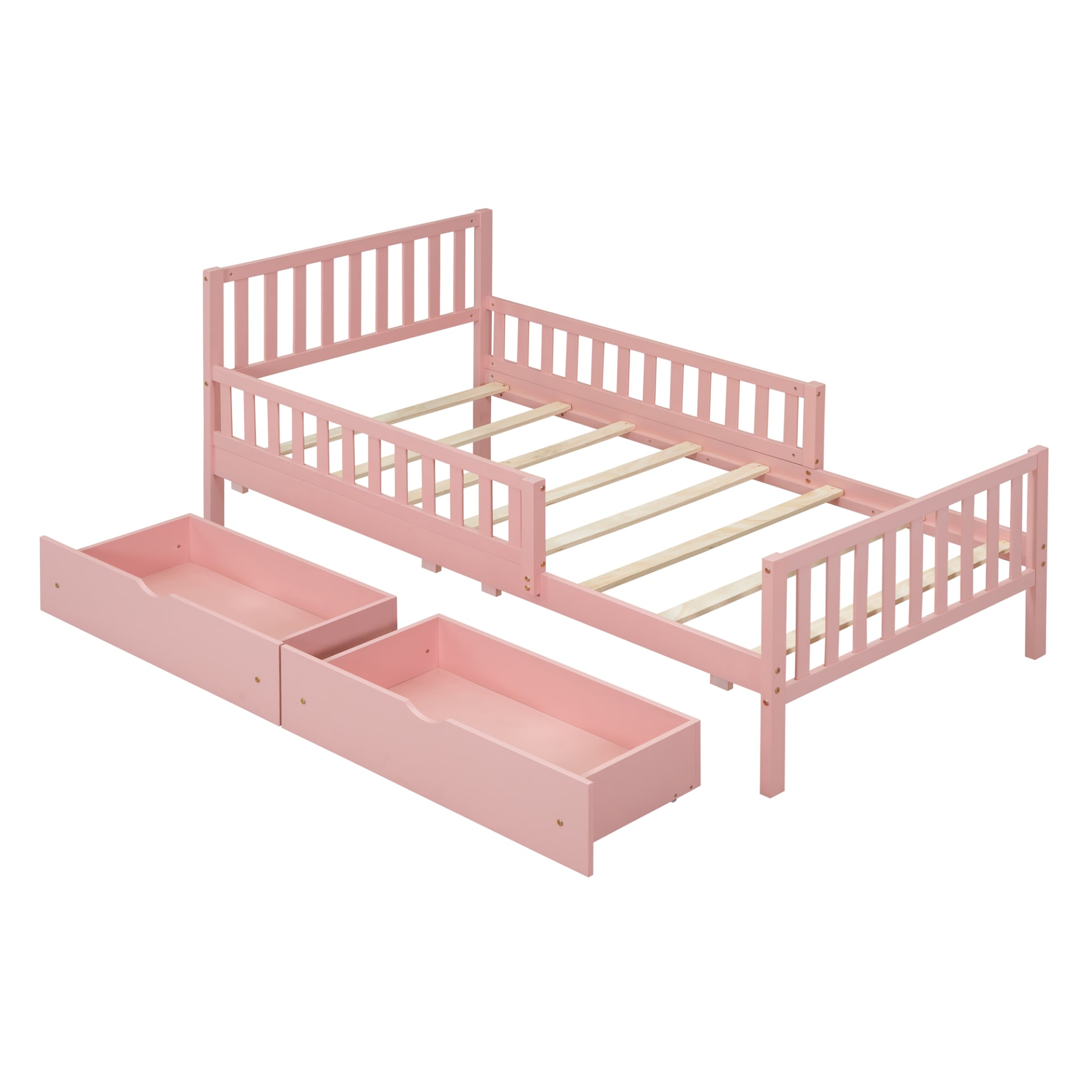 Twin Size Wood Platform Bed With Guardrails On Both Sides And Two Storage Drawers ,Pink view 4