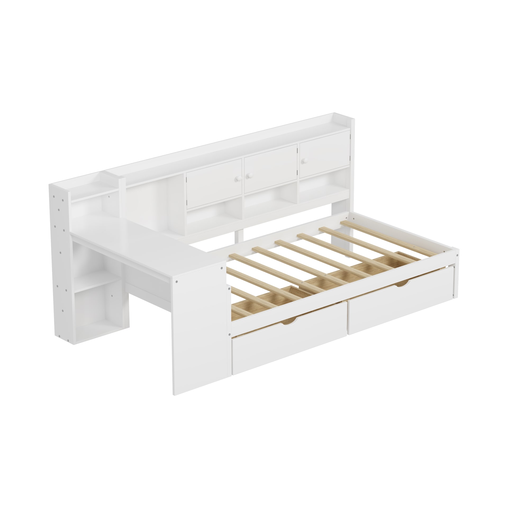 Wooden L-Shape Daybed With Seven Storage Cabinets And Two Storage Drawers, Multi-functional Bed With Study Desk And Built-in Bookshelf, White view 2