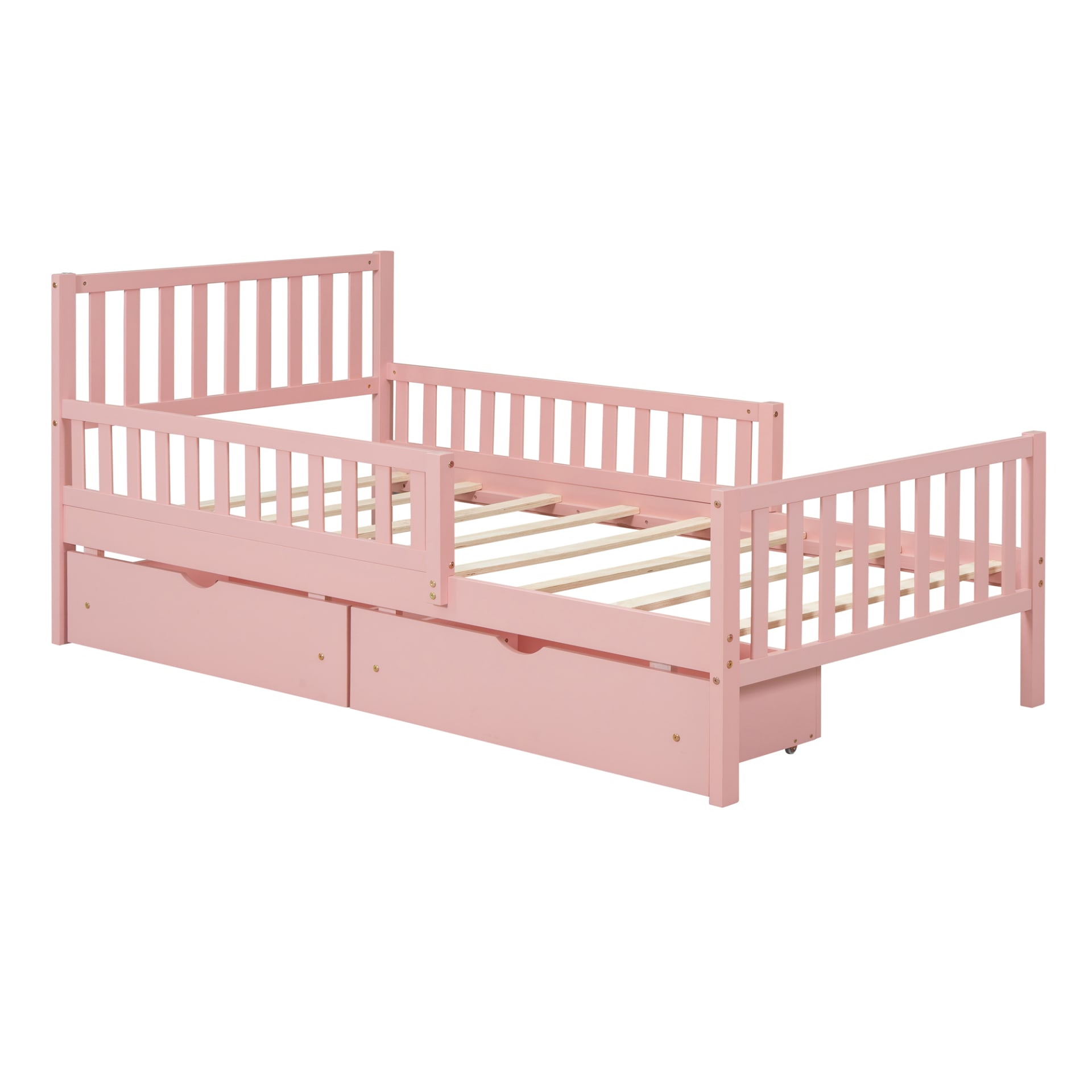Twin Size Wood Platform Bed With Guardrails On Both Sides And Two Storage Drawers ,Pink view 2
