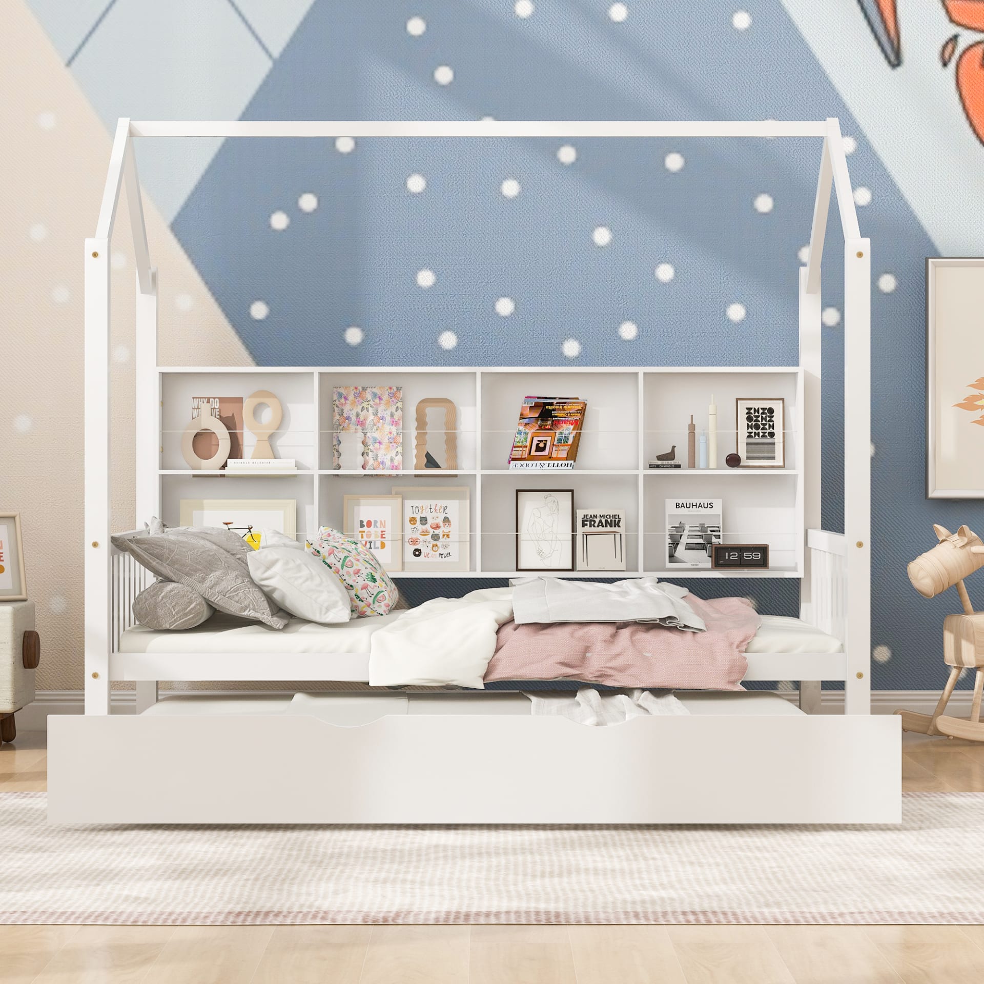 Wooden Twin Size House Bed With Trundle,Kids Bed With Shelf, White view 5