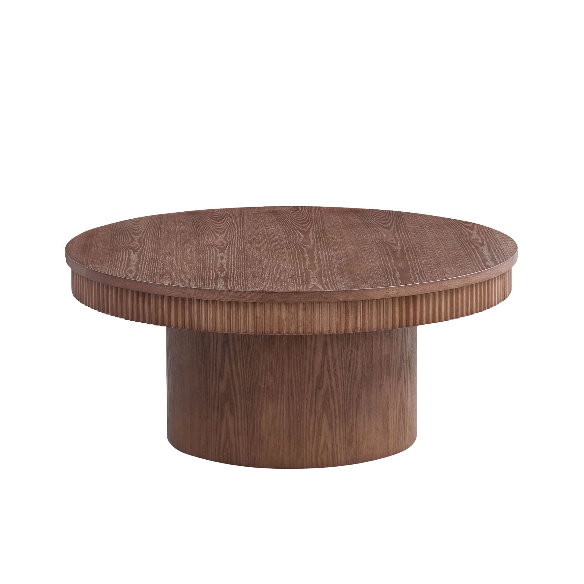 35.43 Inch Walnut Round Coffee Table With Solid Wood Ribbed Wave Trim,MDF Wood Veneer Table For Living Room,Apartment,Office view 4