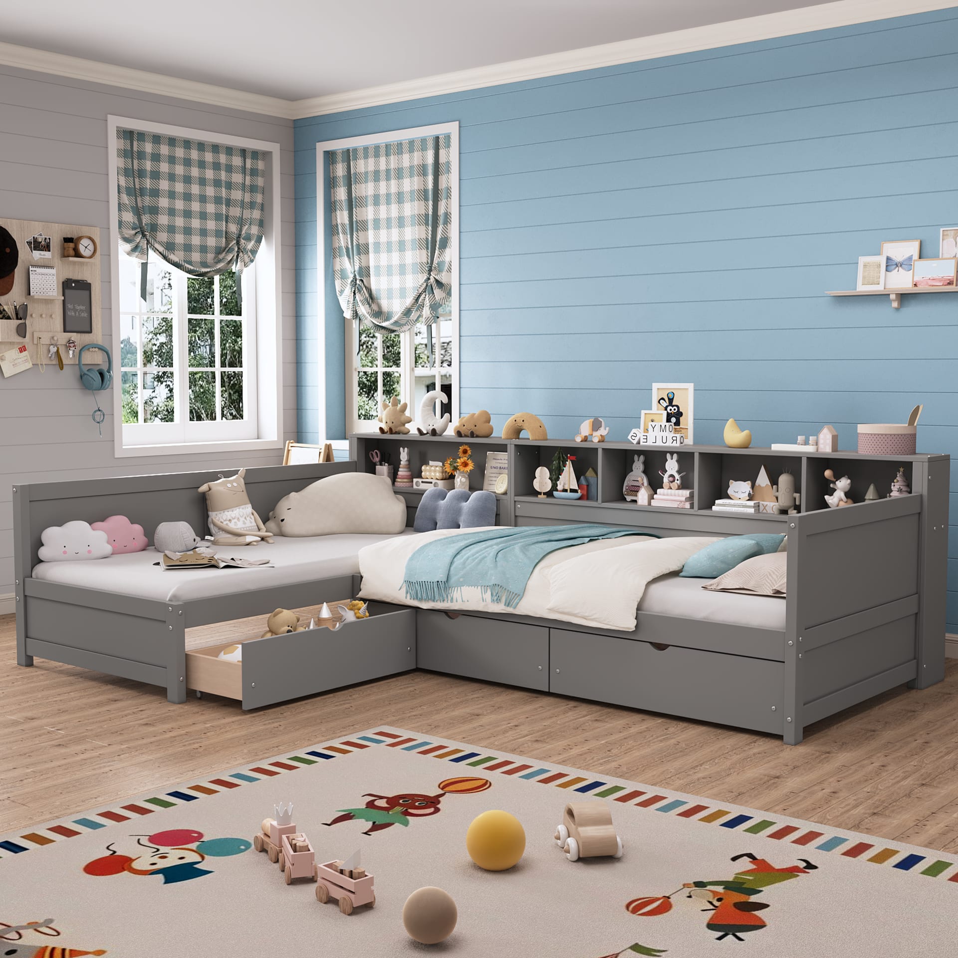 Twin Size Day Bed For 2, L- Shape Twin Size Bed Frame With Storage 3 Drawers,  Wooden Corner Bed With Bookshelf, Corner Bed Frame For Bedroom, Living Room,Grey view 2