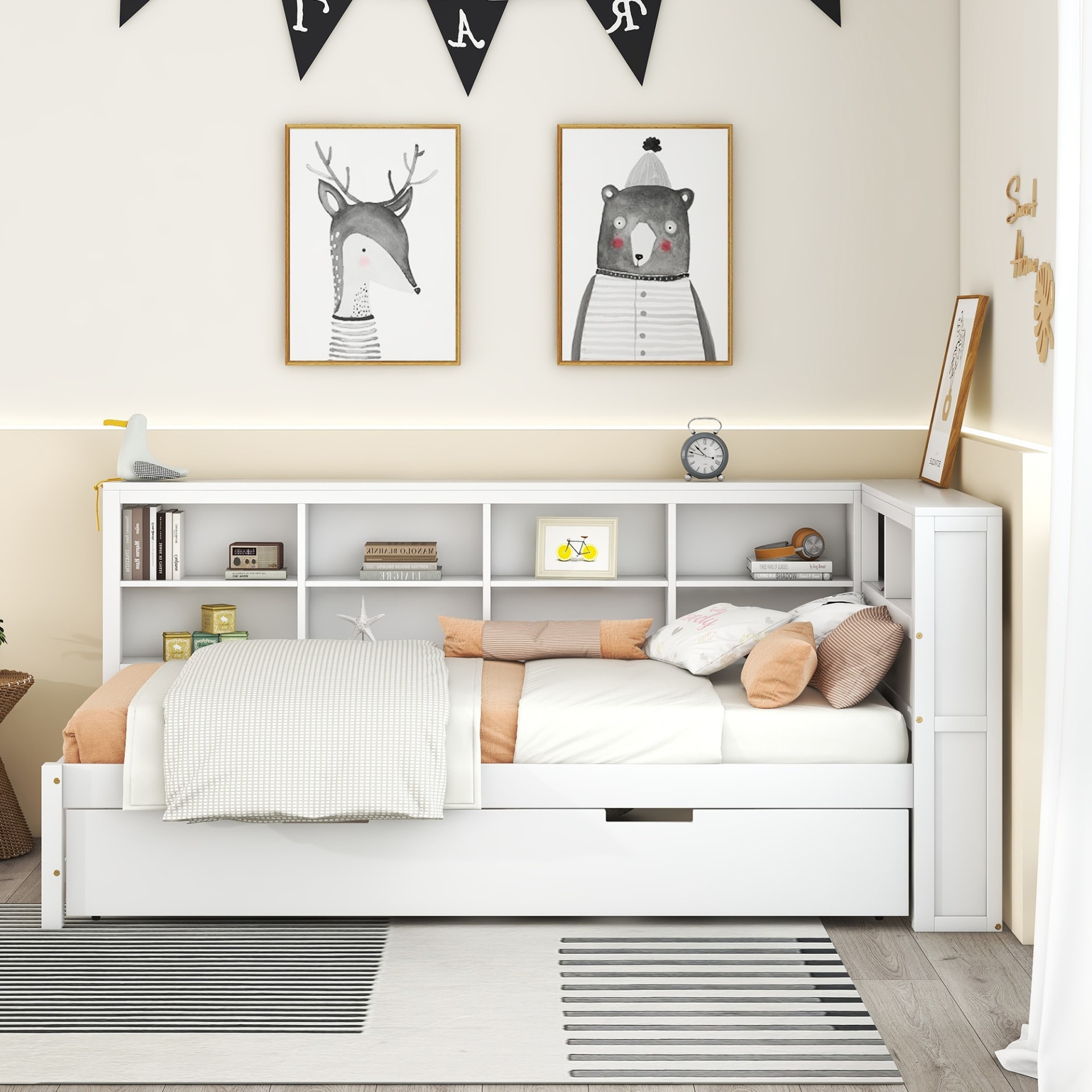 Wooden Twin Size DayBed With Twin Trundle, DayBed With Storage Shelf And USB Charging Ports,White view 3