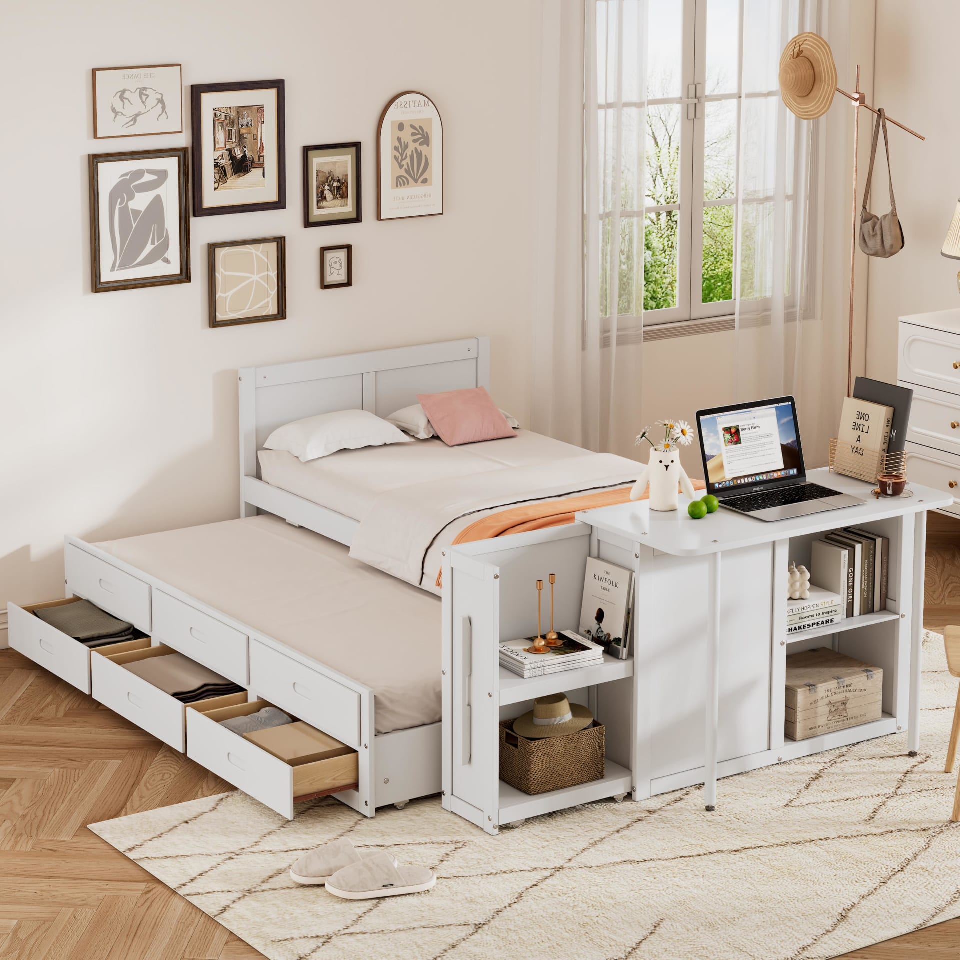 Twin Size Multifunctional Wood Platform Bed With Desk And Storage Shelf At The End Of The Bed, Built-in Trundle And 3 Drawers, White view 5