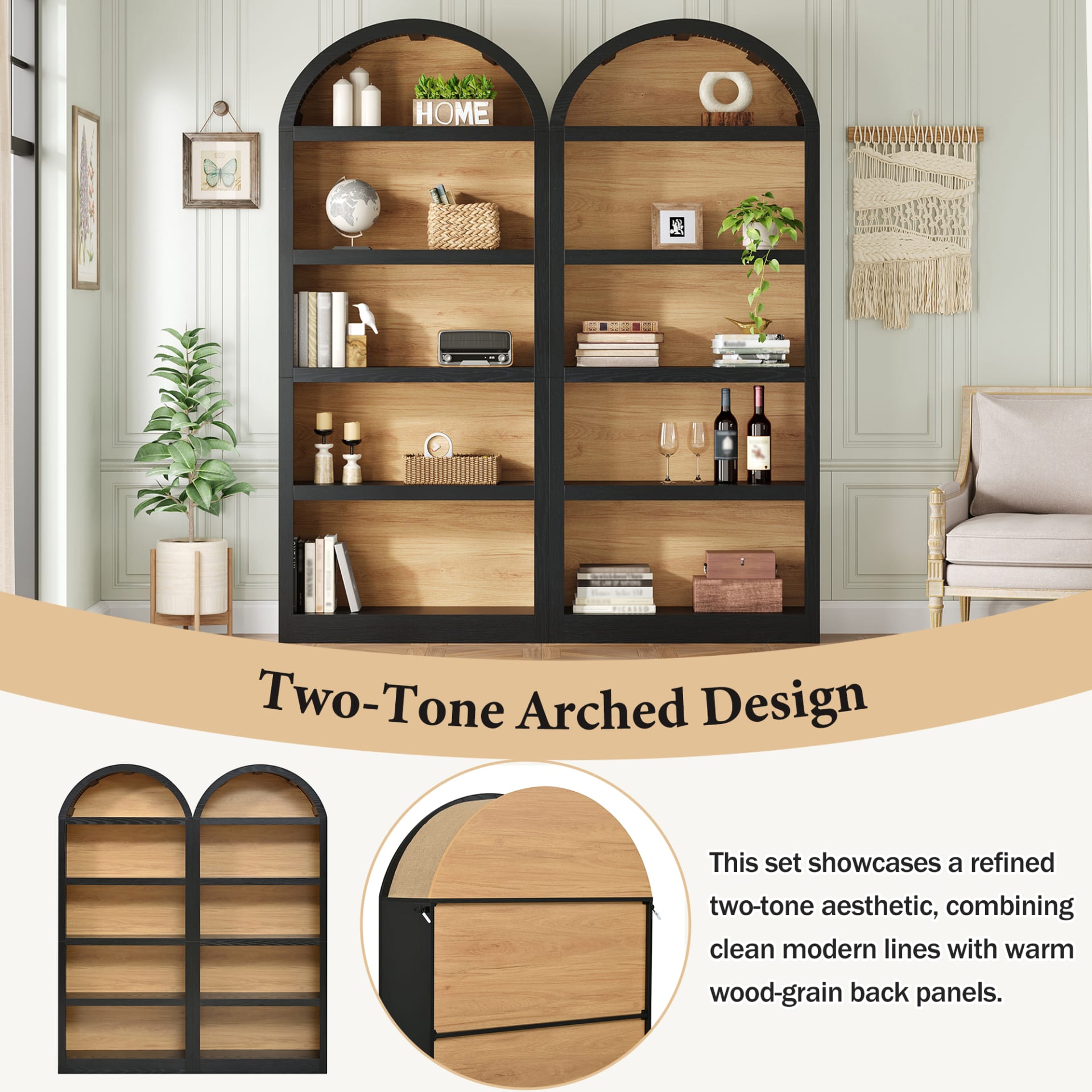 ON-TREND Freestanding Tall Bookshelves Set Of 2, Farmhouse Two-Tone Open Storage Cabinet With Fabric Arched Top, 5-Tier Display Bookcase For Living Room, Bedroom, Home Office, Black Natural view 2