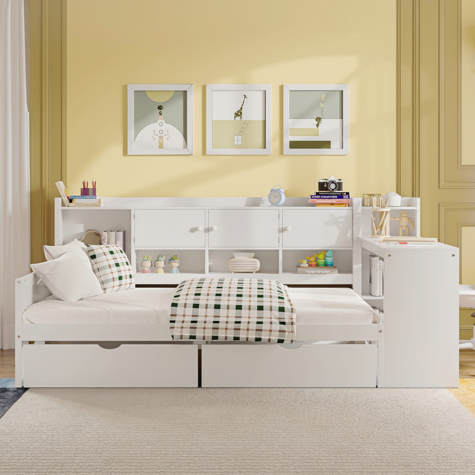 Wooden L-Shape Daybed With Seven Storage Cabinets And Two Storage Drawers, Multi-functional Bed With Study Desk And Built-in Bookshelf, White view 5