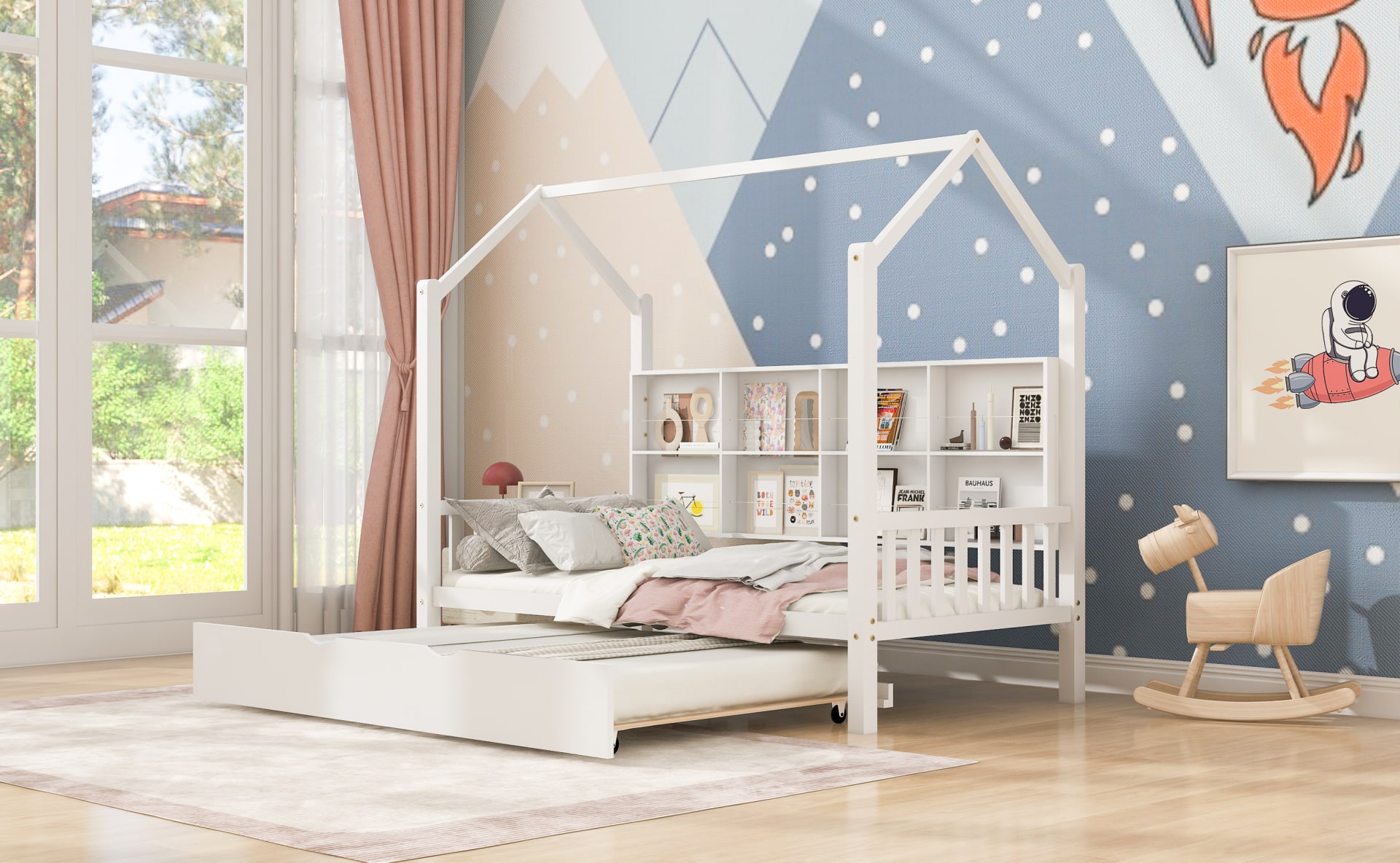 Wooden Twin Size House Bed With Trundle,Kids Bed With Shelf, White view 3