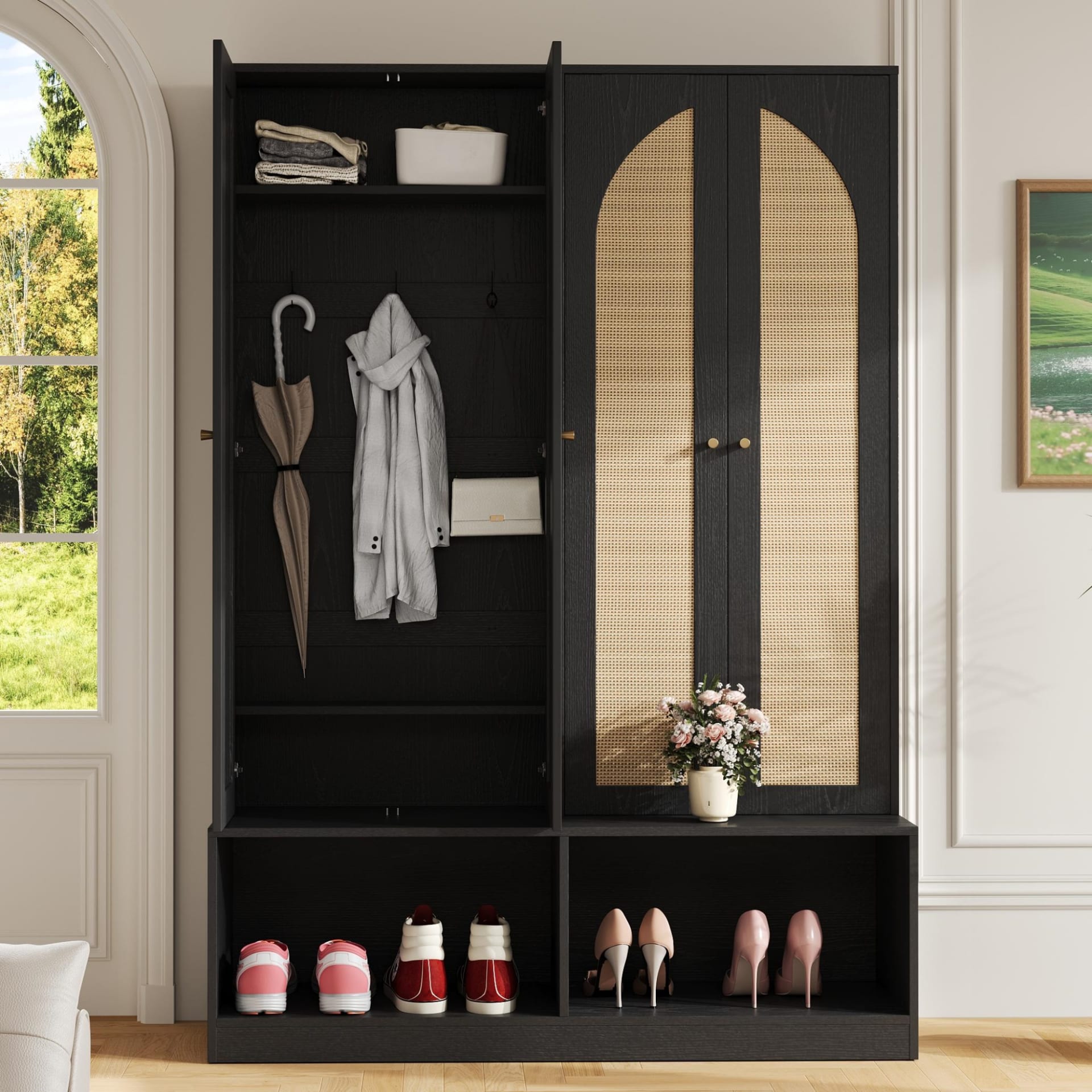 Farmhouse Hall Tree With Rattan Doors, Versatile 4-In-1 Seating Bench With 6 Hooks, Mid-Century Entryway Shoe Cabinet With Shelf For Living Room, Black, 55.1W view 4