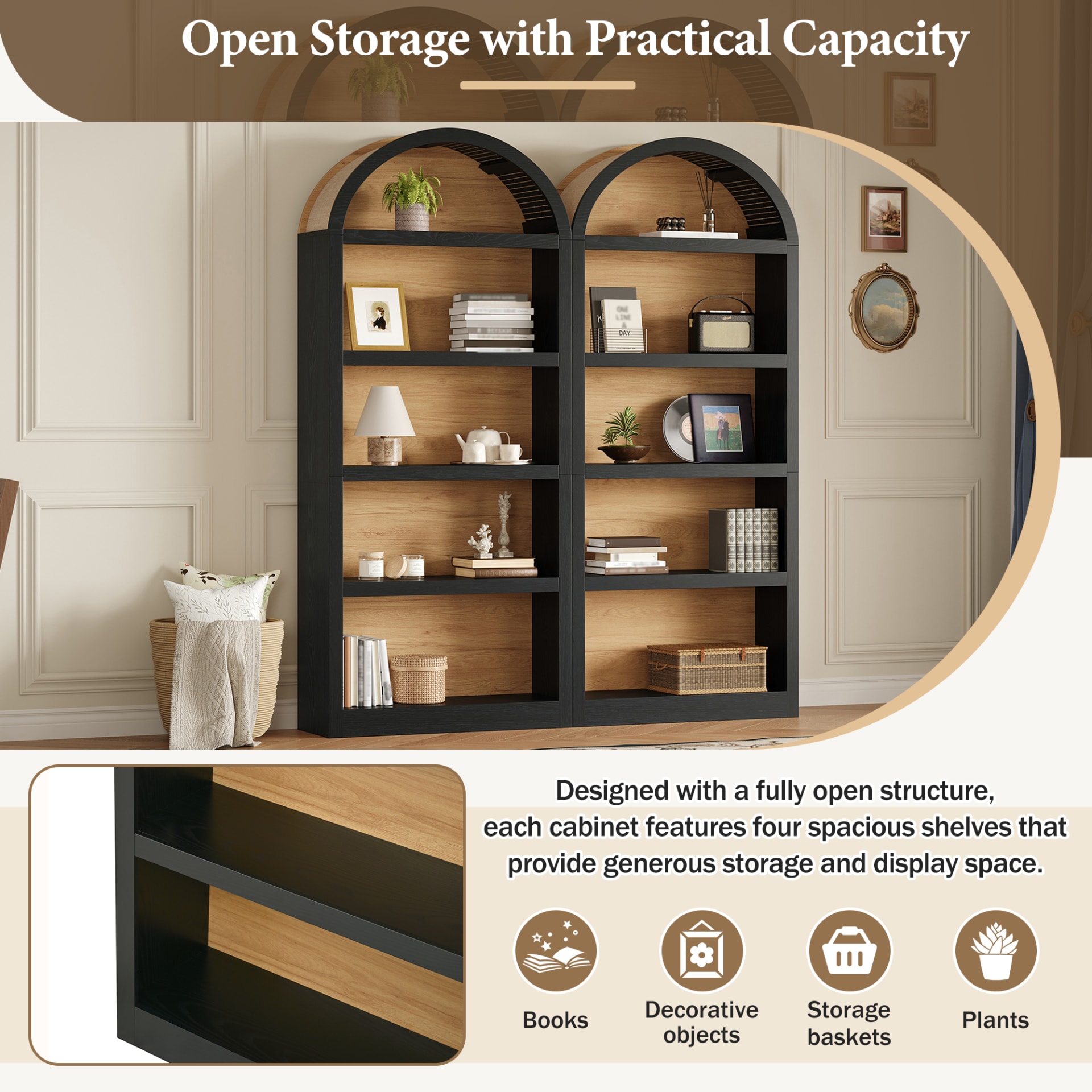 ON-TREND Freestanding Tall Bookshelves Set Of 2, Farmhouse Two-Tone Open Storage Cabinet With Fabric Arched Top, 5-Tier Display Bookcase For Living Room, Bedroom, Home Office, Black Natural view 4