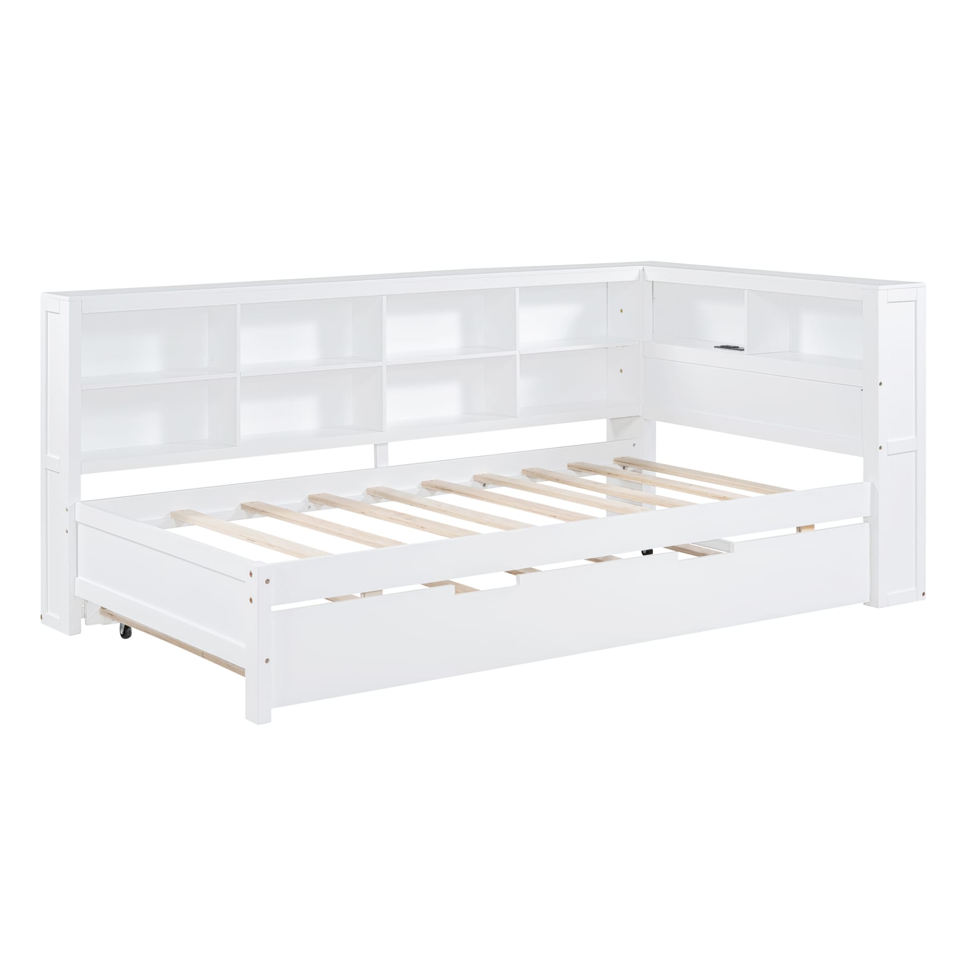 Wooden Twin Size DayBed With Twin Trundle, DayBed With Storage Shelf And USB Charging Ports,White view 2