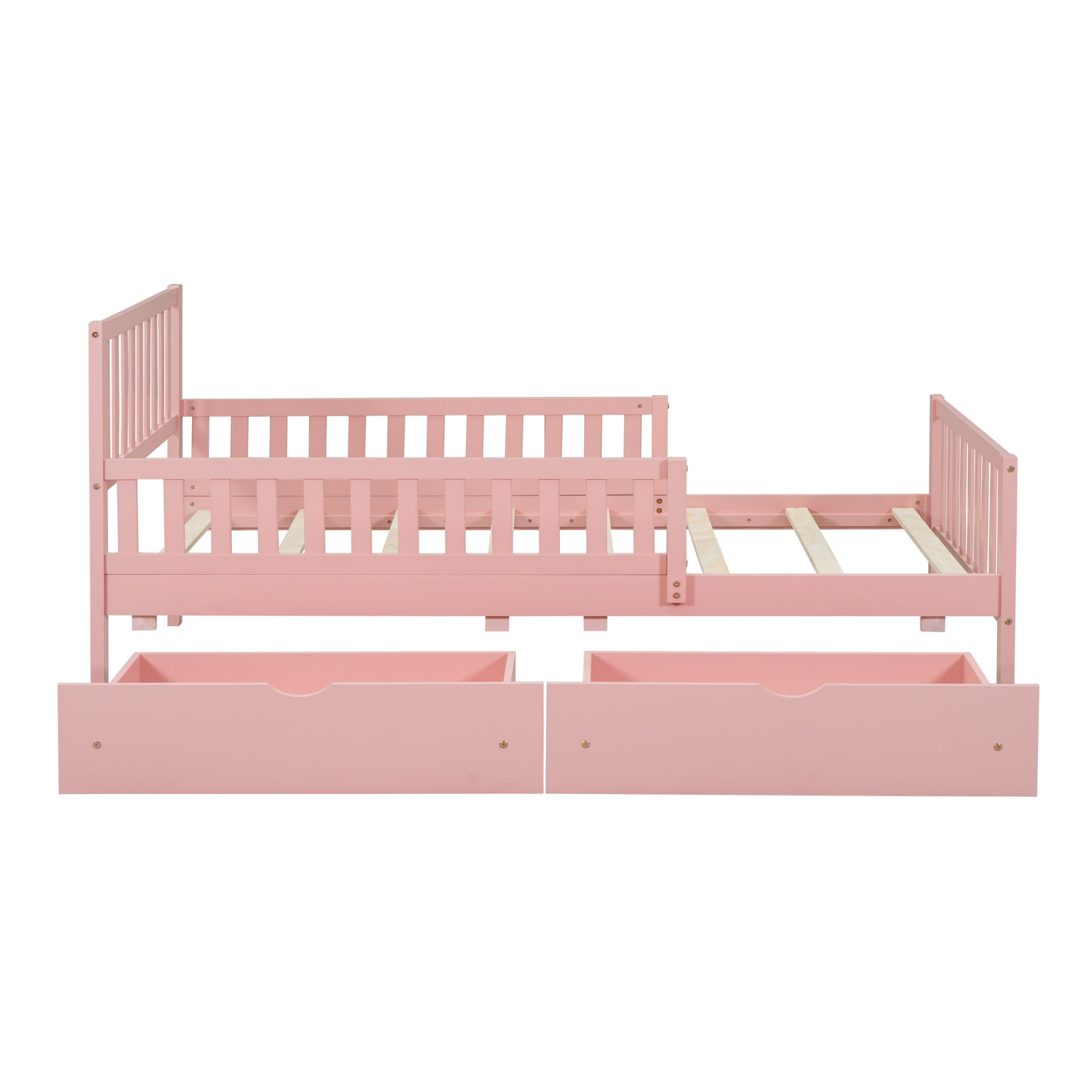 Twin Size Wood Platform Bed With Guardrails On Both Sides And Two Storage Drawers ,Pink view 5