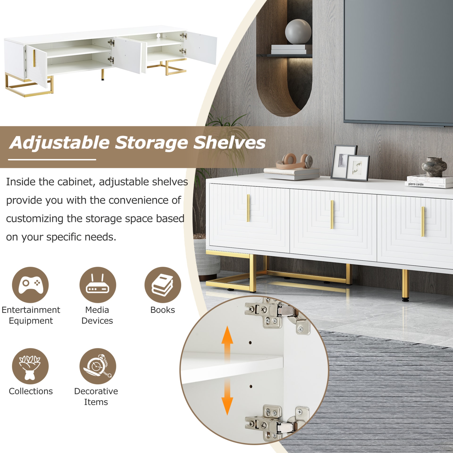 ON-TREND Modern TV Stand With Metal Legs And Gold Handles For TVs Up To 80'', Media Console Table With Cabinets And Adjustable Shelves, Luxury TV Cabinet With Geometric Lines For Living Room, White view 3