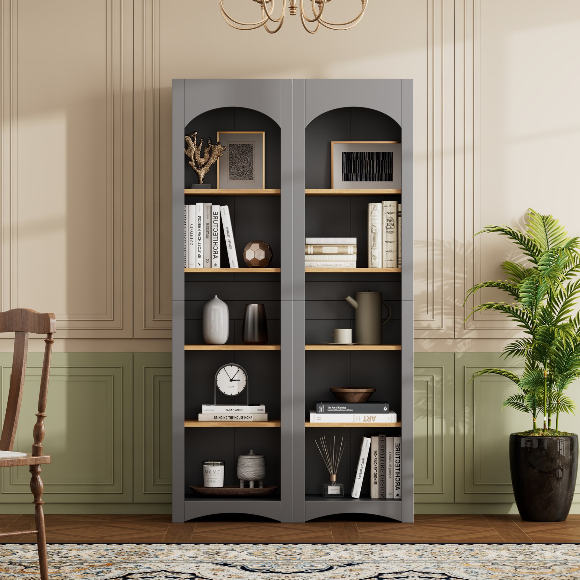 ON-TREND Free Standing 5 Tier Bookshelves, Bookcases Set Of 2, Farmhouse Two-Tone Storage Cabinet With Adjustable Shelves, Modern 72H Kitchen Pantry Cabinet For Living Room, Home Office, Grey view 3