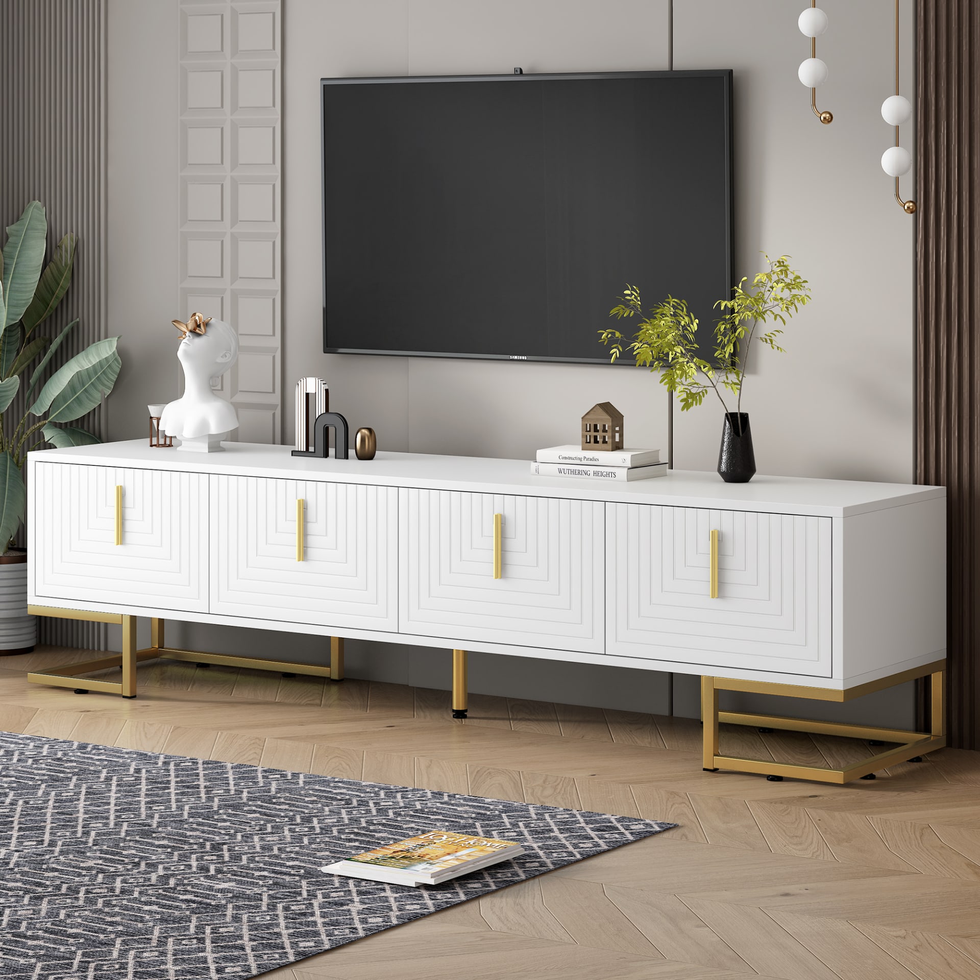 ON-TREND Modern TV Stand With Metal Legs And Gold Handles For TVs Up To 80'', Media Console Table With Cabinets And Adjustable Shelves, Luxury TV Cabinet With Geometric Lines For Living Room, White