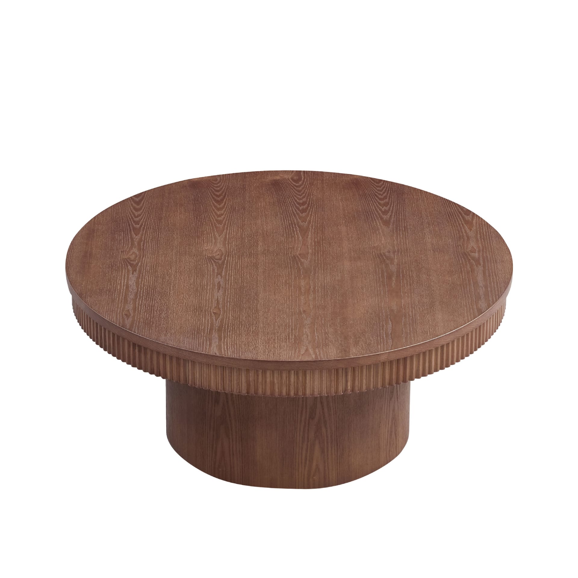 35.43 Inch Walnut Round Coffee Table With Solid Wood Ribbed Wave Trim,MDF Wood Veneer Table For Living Room,Apartment,Office view 2