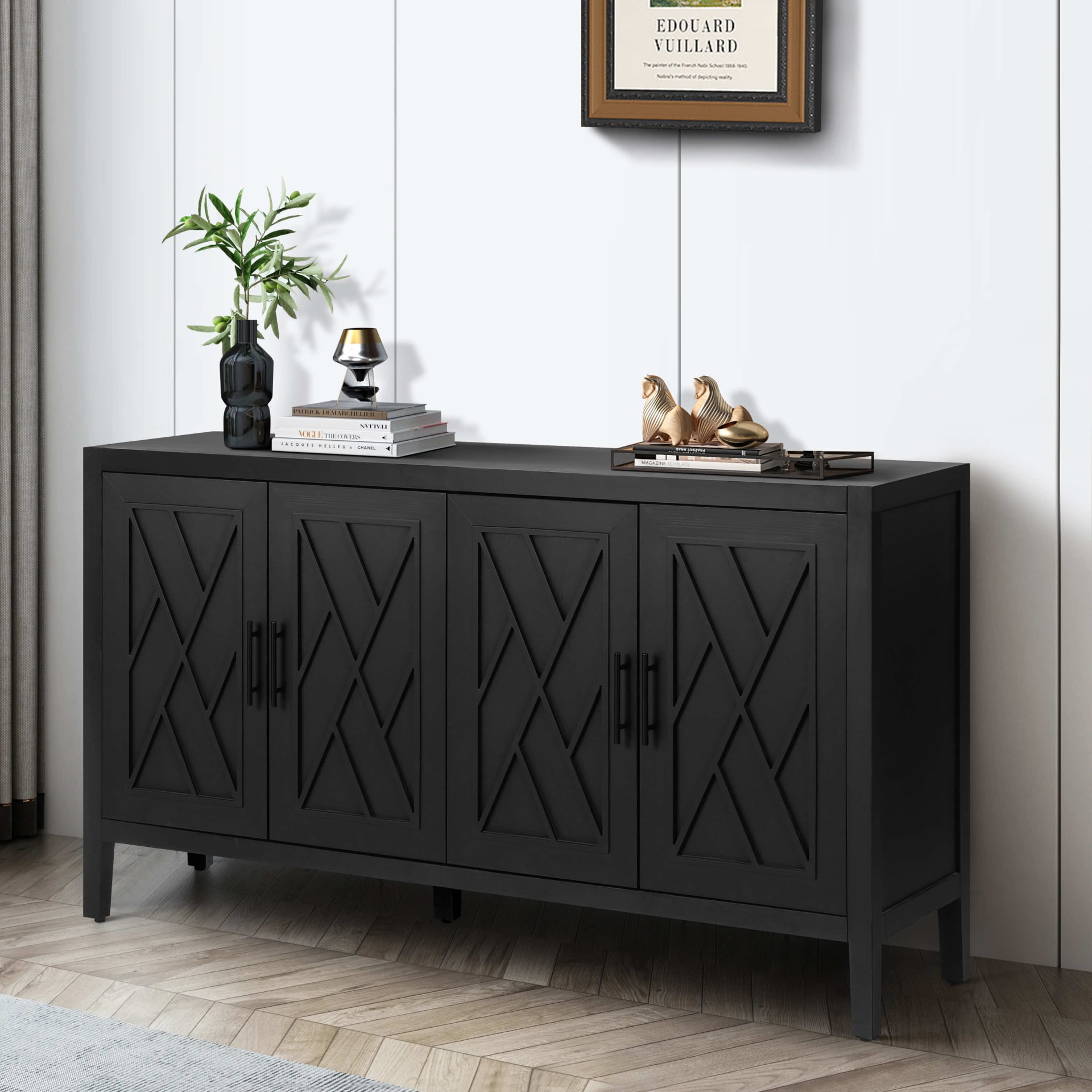 60 Inches Modern Farmhouse Accent Cabinet With 4 Doors And Adjustable Shelf Wood Sideboard Buffet Cabinet Console Table Credenza Buffet Table For Kitchen Dining Room Entryway Hallway Antique Black view 2