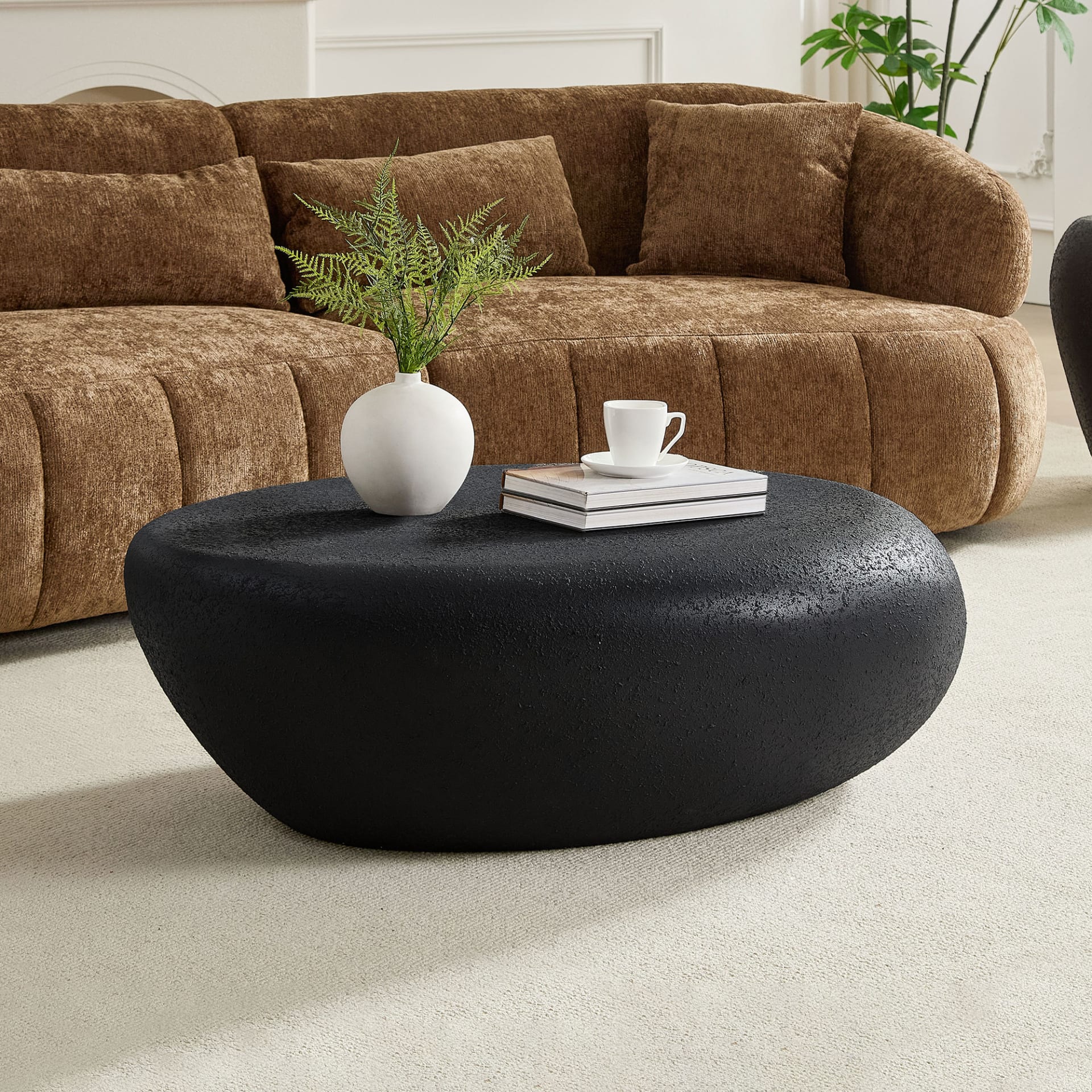 43.31''Fiberglass Elliptical Coffee Table For Living Room Vintage Table,Matte Rocks Table Front Of The Sofa, Irregular Center Table,No Need Assembly,Black view 3