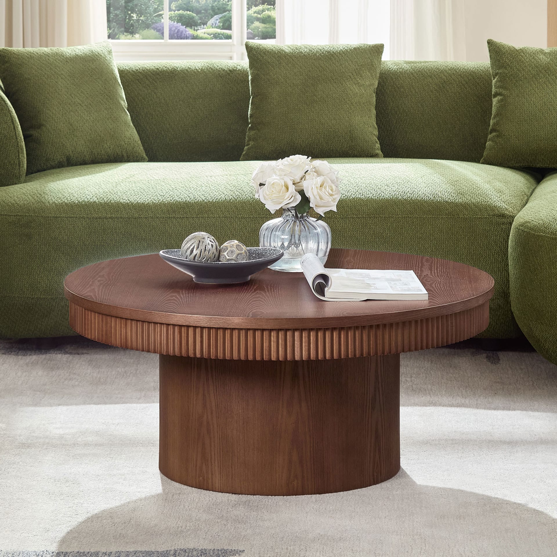 35.43 Inch Walnut Round Coffee Table With Solid Wood Ribbed Wave Trim,MDF Wood Veneer Table For Living Room,Apartment,Office view 1