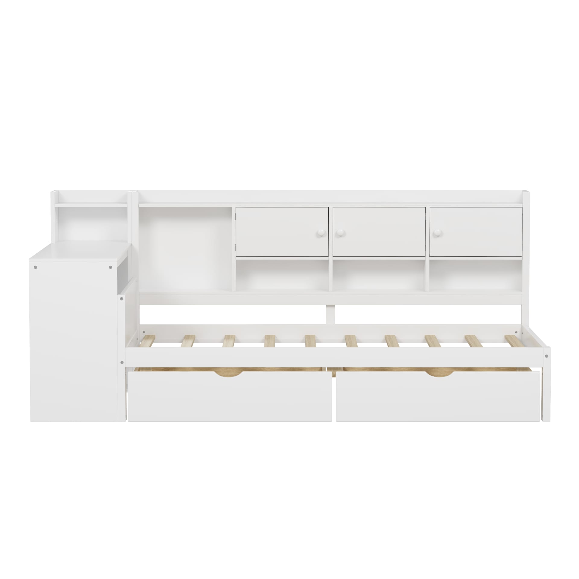 Wooden L-Shape Daybed With Seven Storage Cabinets And Two Storage Drawers, Multi-functional Bed With Study Desk And Built-in Bookshelf, White view 4