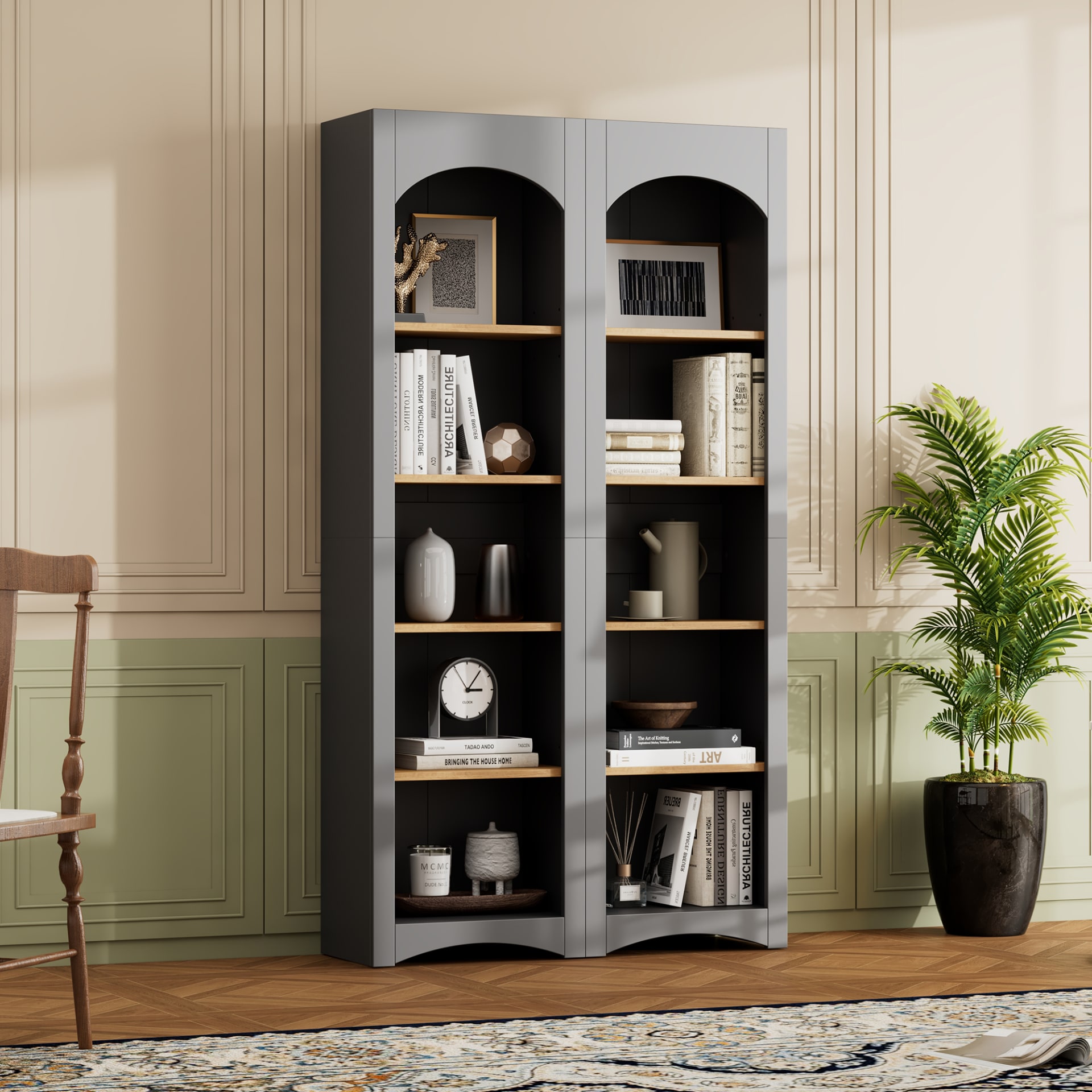 ON-TREND Free Standing 5 Tier Bookshelves, Bookcases Set Of 2, Farmhouse Two-Tone Storage Cabinet With Adjustable Shelves, Modern 72H Kitchen Pantry Cabinet For Living Room, Home Office, Grey view 2