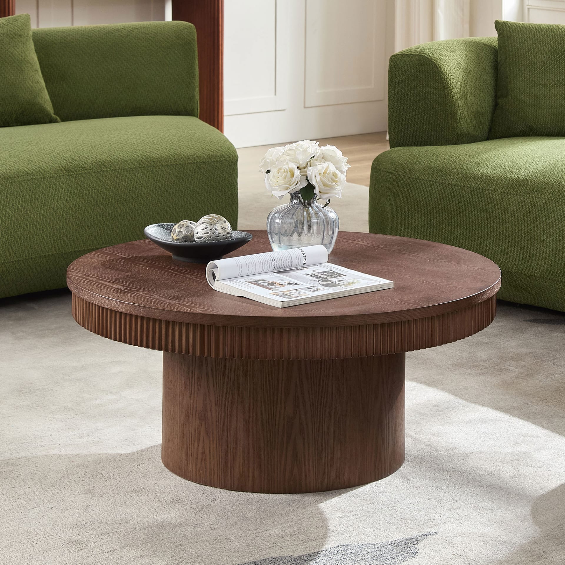 35.43 Inch Walnut Round Coffee Table With Solid Wood Ribbed Wave Trim,MDF Wood Veneer Table For Living Room,Apartment,Office view 5