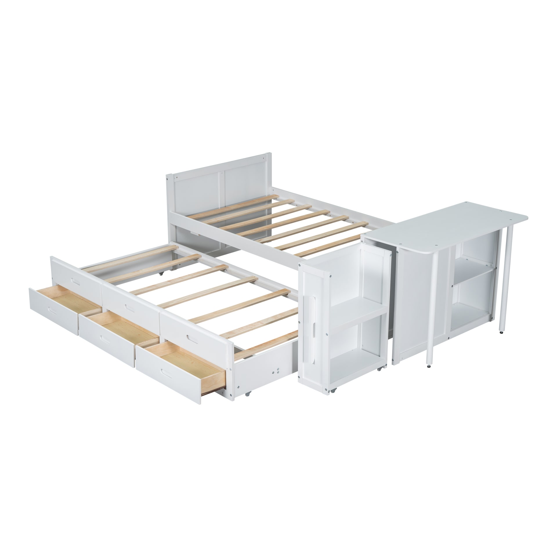 Twin Size Multifunctional Wood Platform Bed With Desk And Storage Shelf At The End Of The Bed, Built-in Trundle And 3 Drawers, White view 4