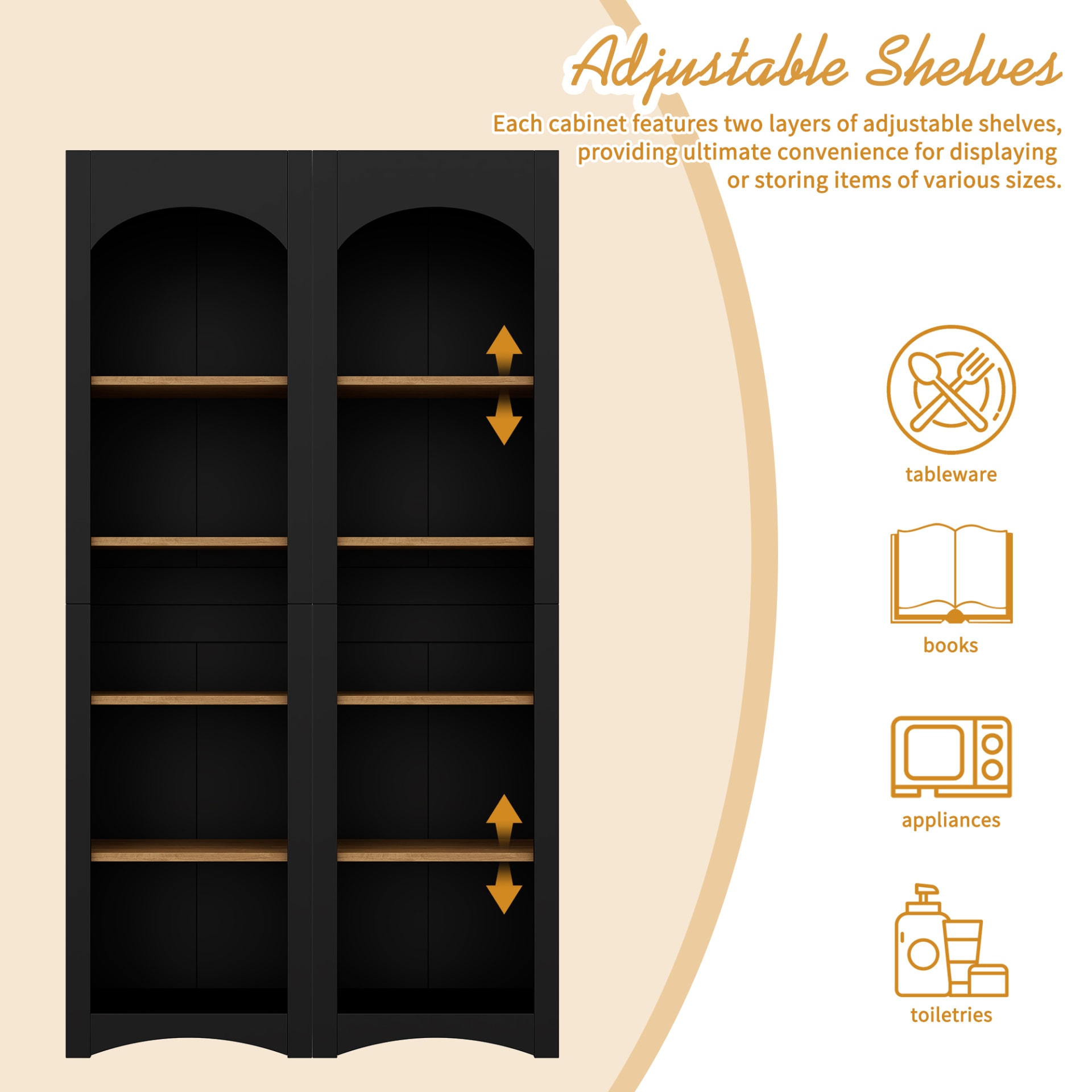 ON-TREND Free Standing 5 Tier Bookshelves, Bookcases Set Of 2, Farmhouse Two-Tone Storage Cabinet With Adjustable Shelves, Modern 72H Kitchen Pantry Cabinet For Living Room, Home Office, Black