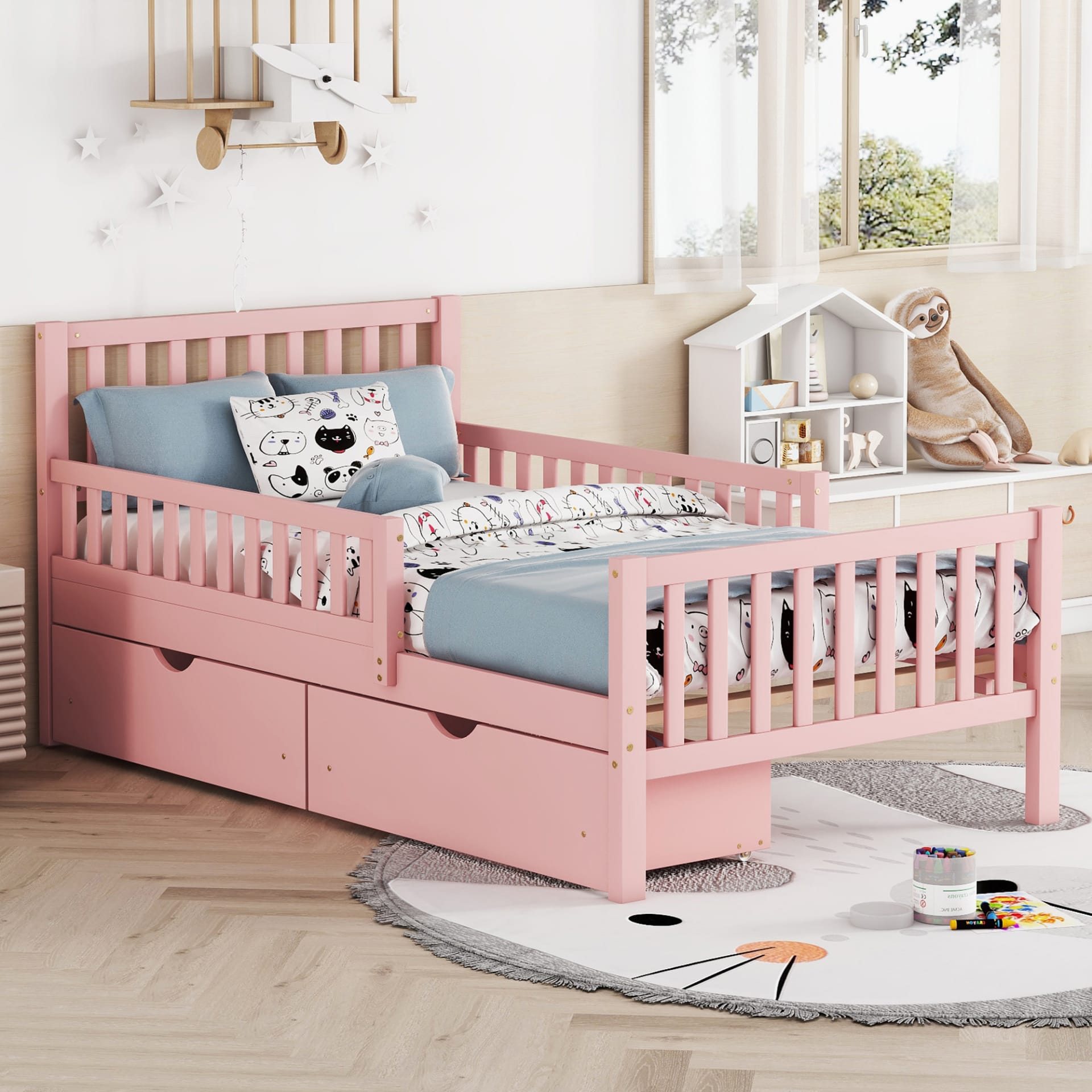 Twin Size Wood Platform Bed With Guardrails On Both Sides And Two Storage Drawers ,Pink view 3