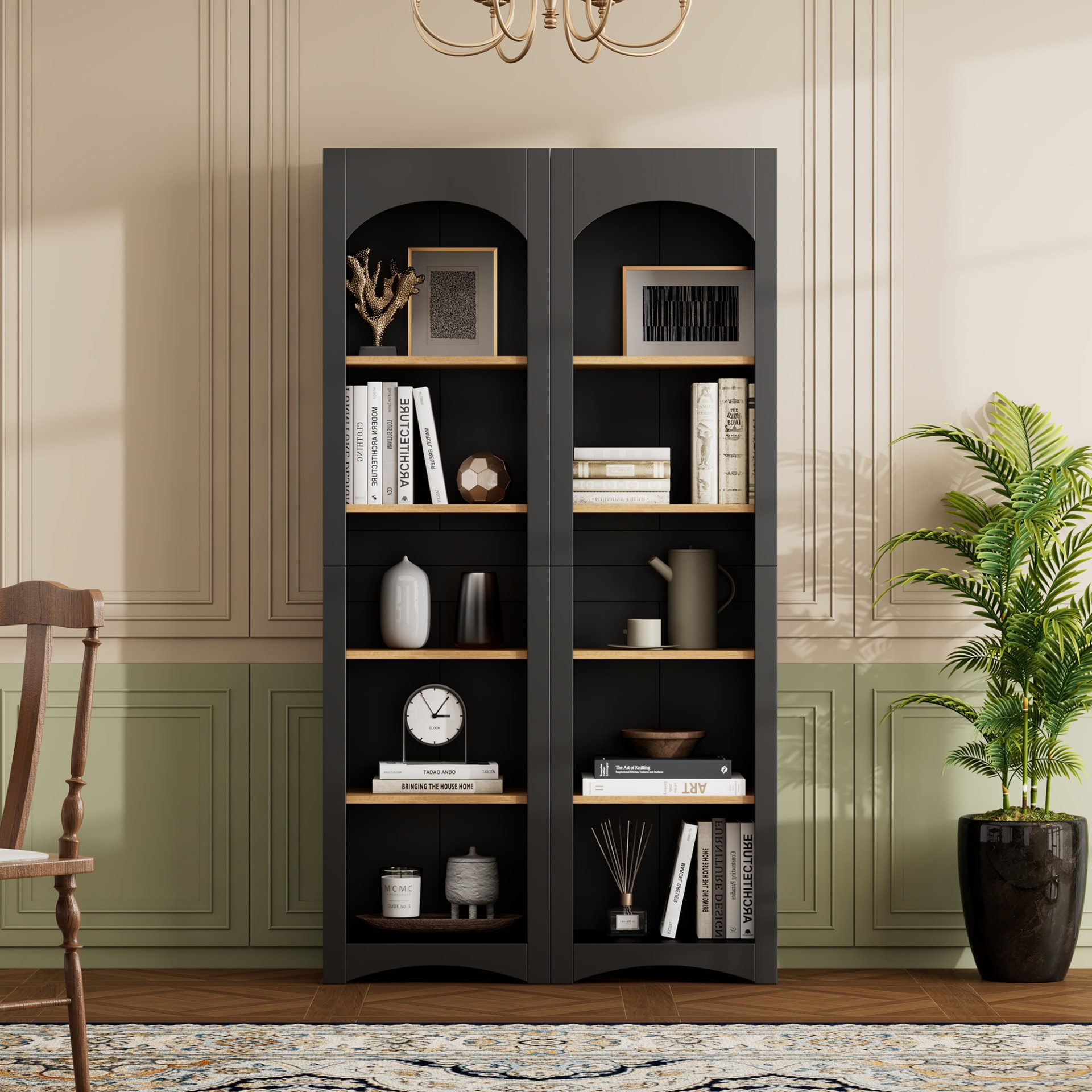 ON-TREND Free Standing 5 Tier Bookshelves, Bookcases Set Of 2, Farmhouse Two-Tone Storage Cabinet With Adjustable Shelves, Modern 72H Kitchen Pantry Cabinet For Living Room, Home Office, Black view 4