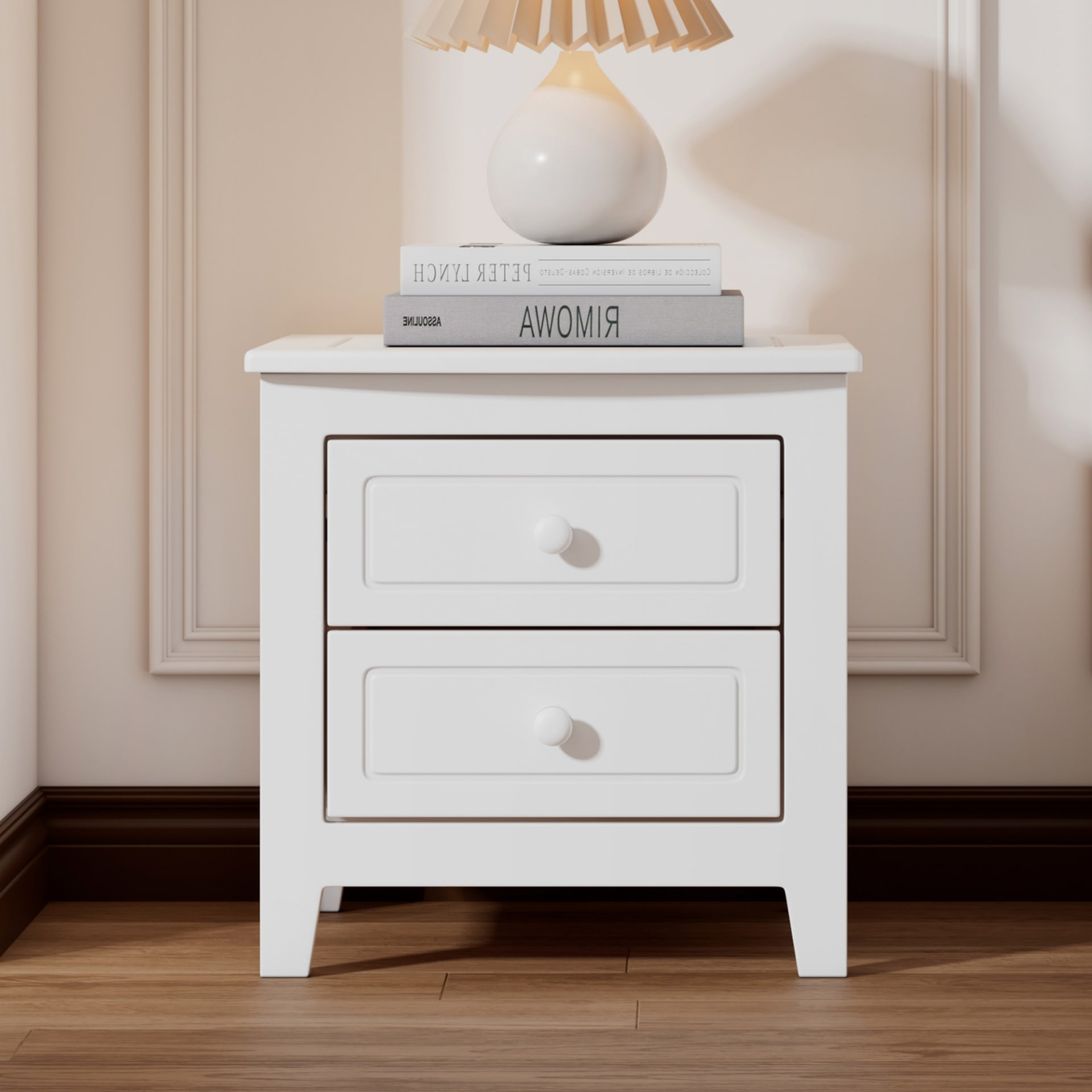 2-Drawer Nightstand For Bedroom, Mid Century Retro Bedside Table With Classic Design,White view 2