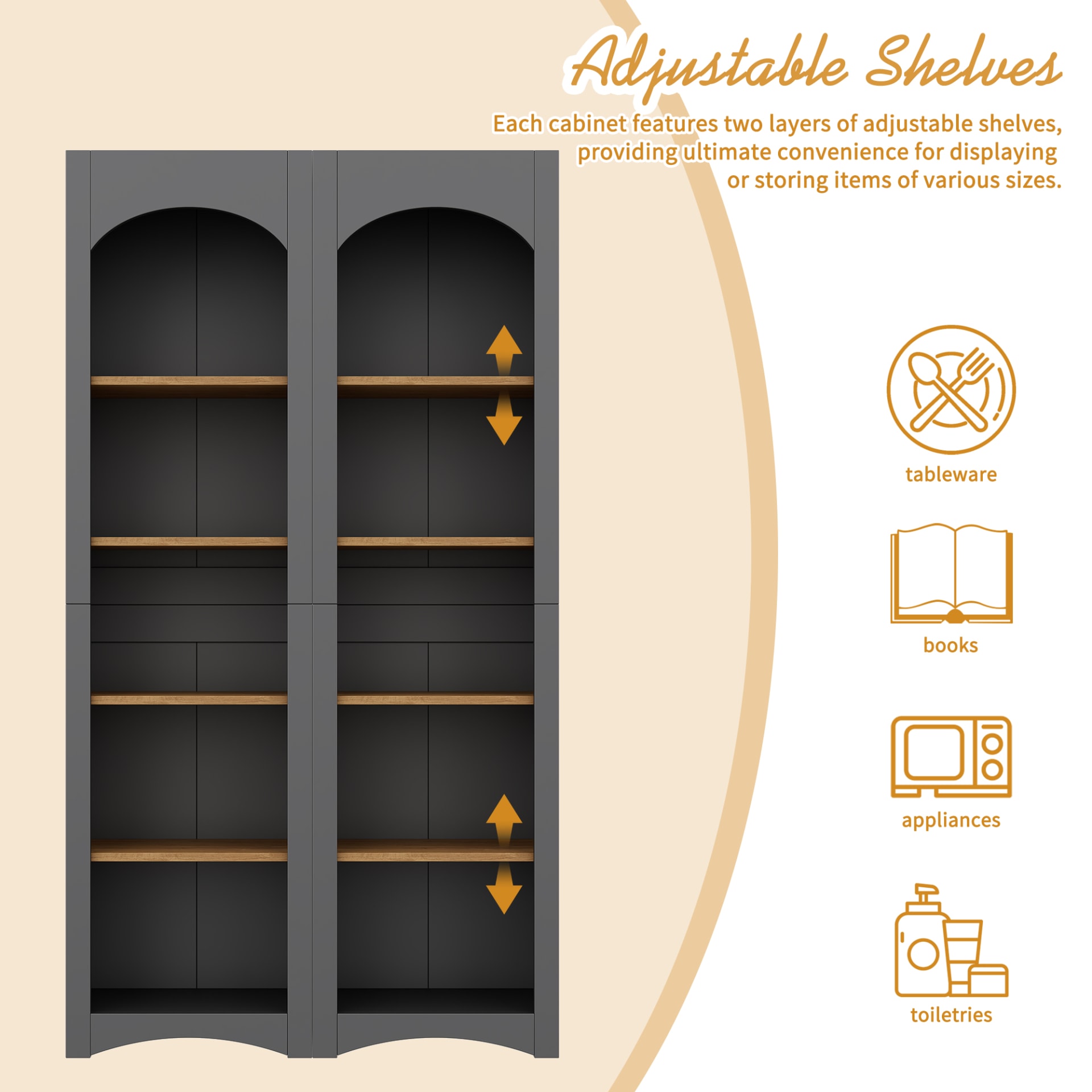 ON-TREND Free Standing 5 Tier Bookshelves, Bookcases Set Of 2, Farmhouse Two-Tone Storage Cabinet With Adjustable Shelves, Modern 72H Kitchen Pantry Cabinet For Living Room, Home Office, Grey view 4