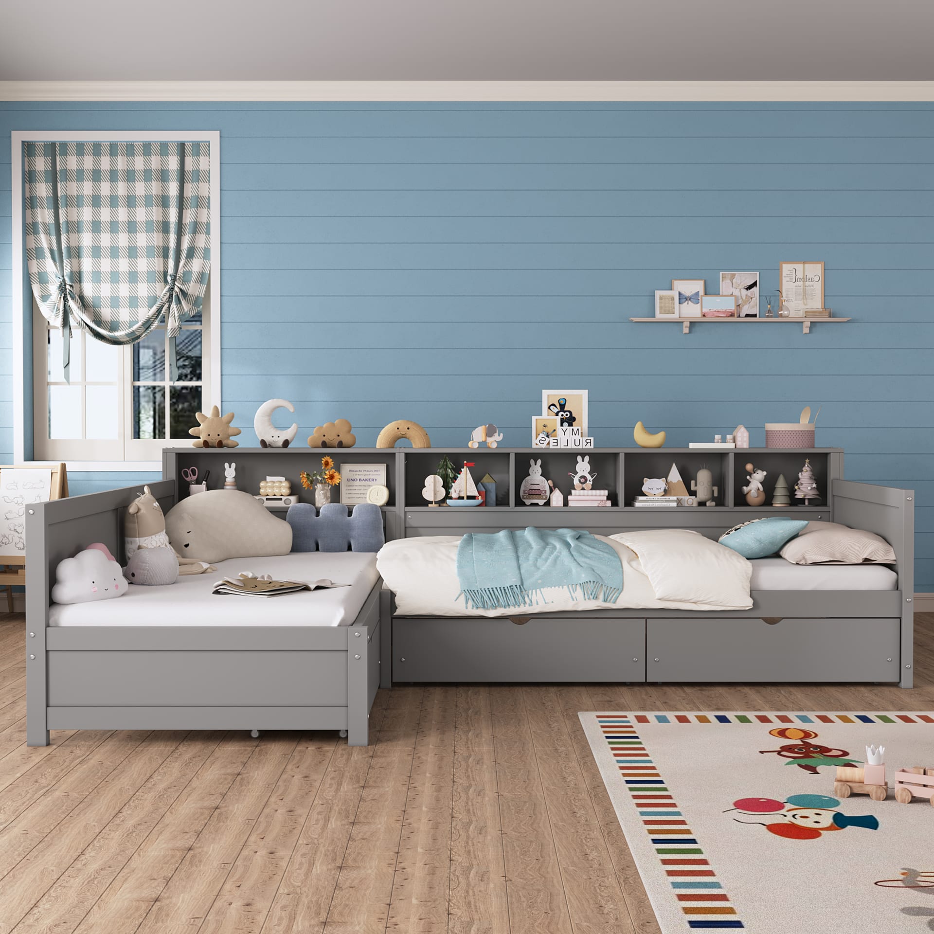 Twin Size Day Bed For 2, L- Shape Twin Size Bed Frame With Storage 3 Drawers,  Wooden Corner Bed With Bookshelf, Corner Bed Frame For Bedroom, Living Room,Grey view 1