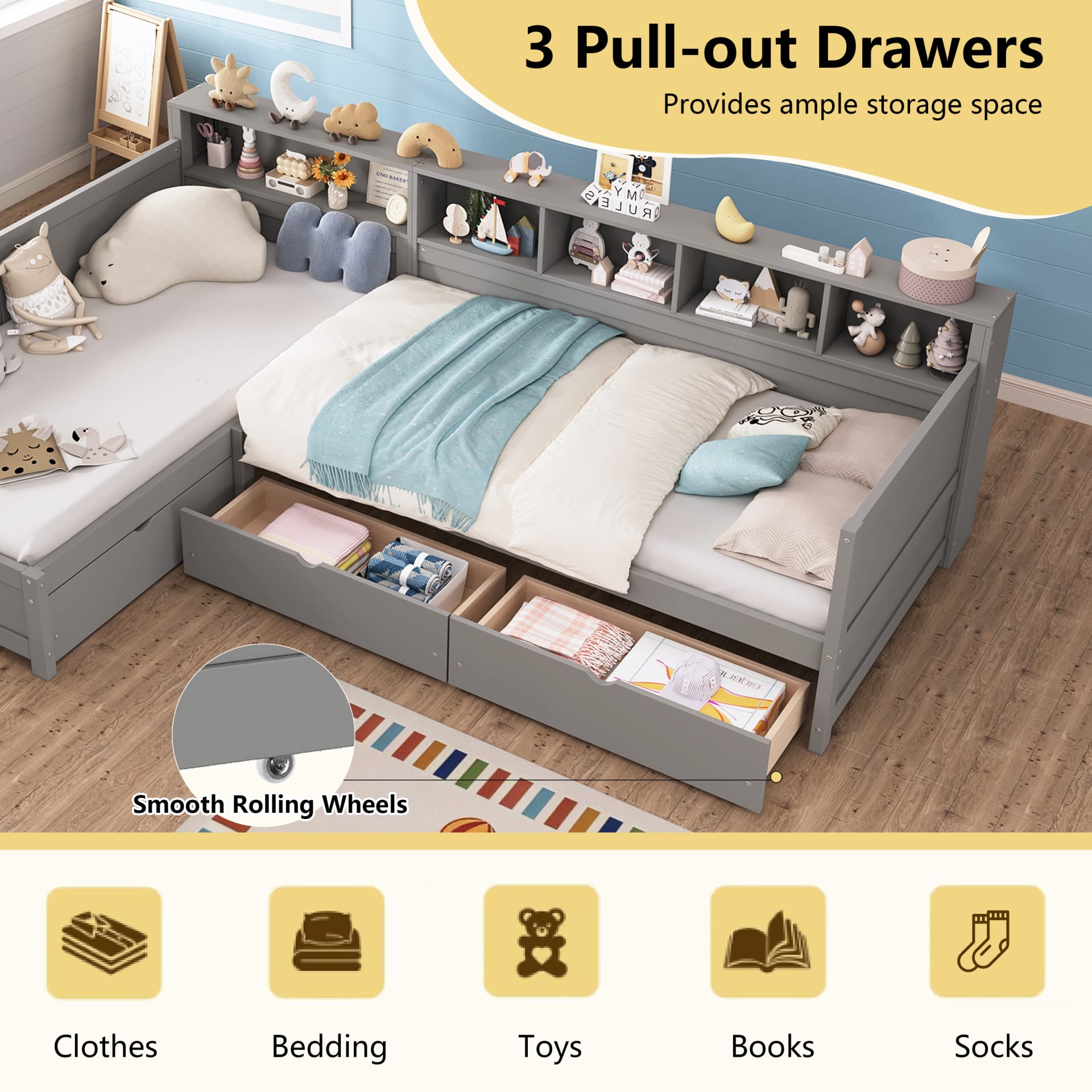 Twin Size Day Bed For 2, L- Shape Twin Size Bed Frame With Storage 3 Drawers,  Wooden Corner Bed With Bookshelf, Corner Bed Frame For Bedroom, Living Room,Grey view 3