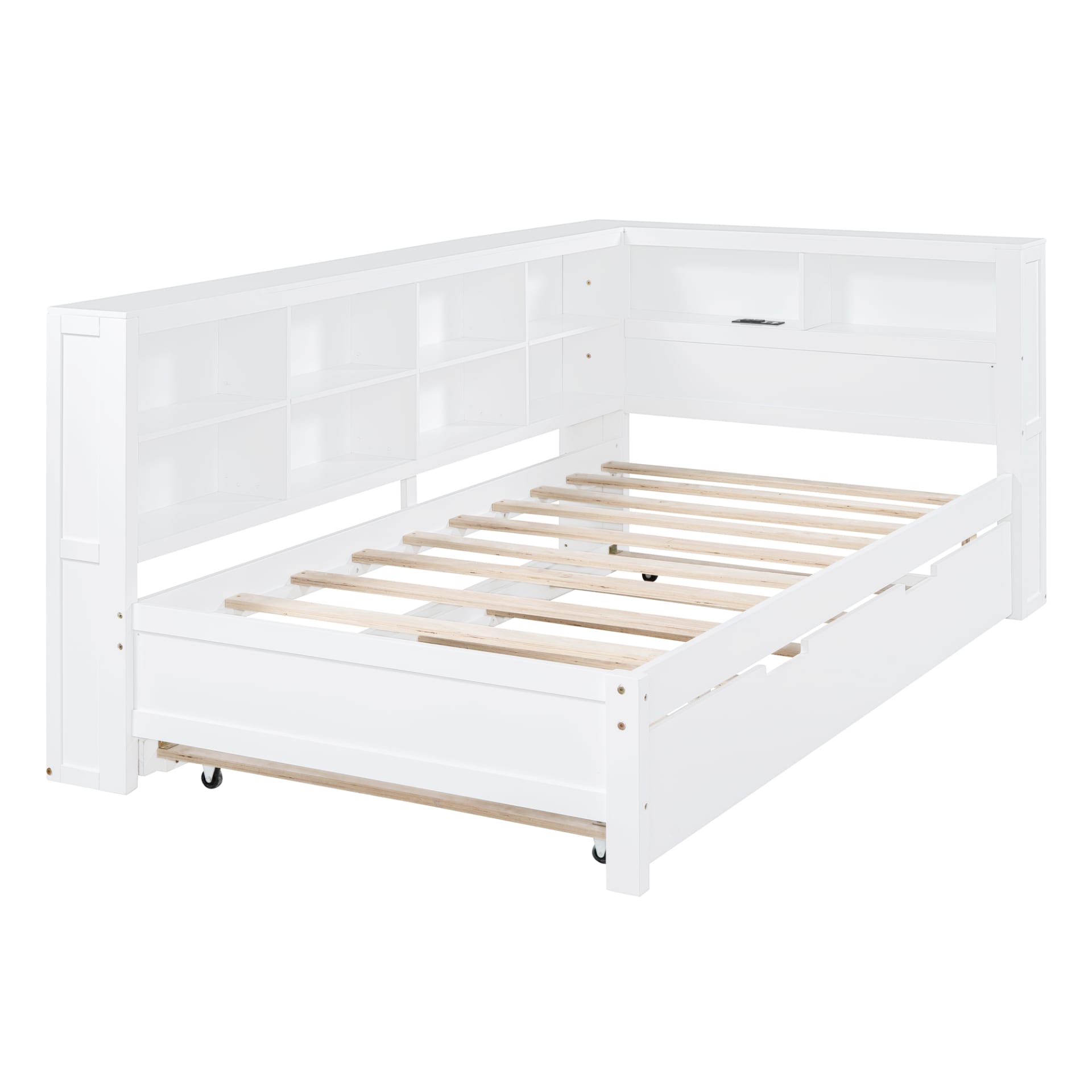 Wooden Twin Size DayBed With Twin Trundle, DayBed With Storage Shelf And USB Charging Ports,White view 5