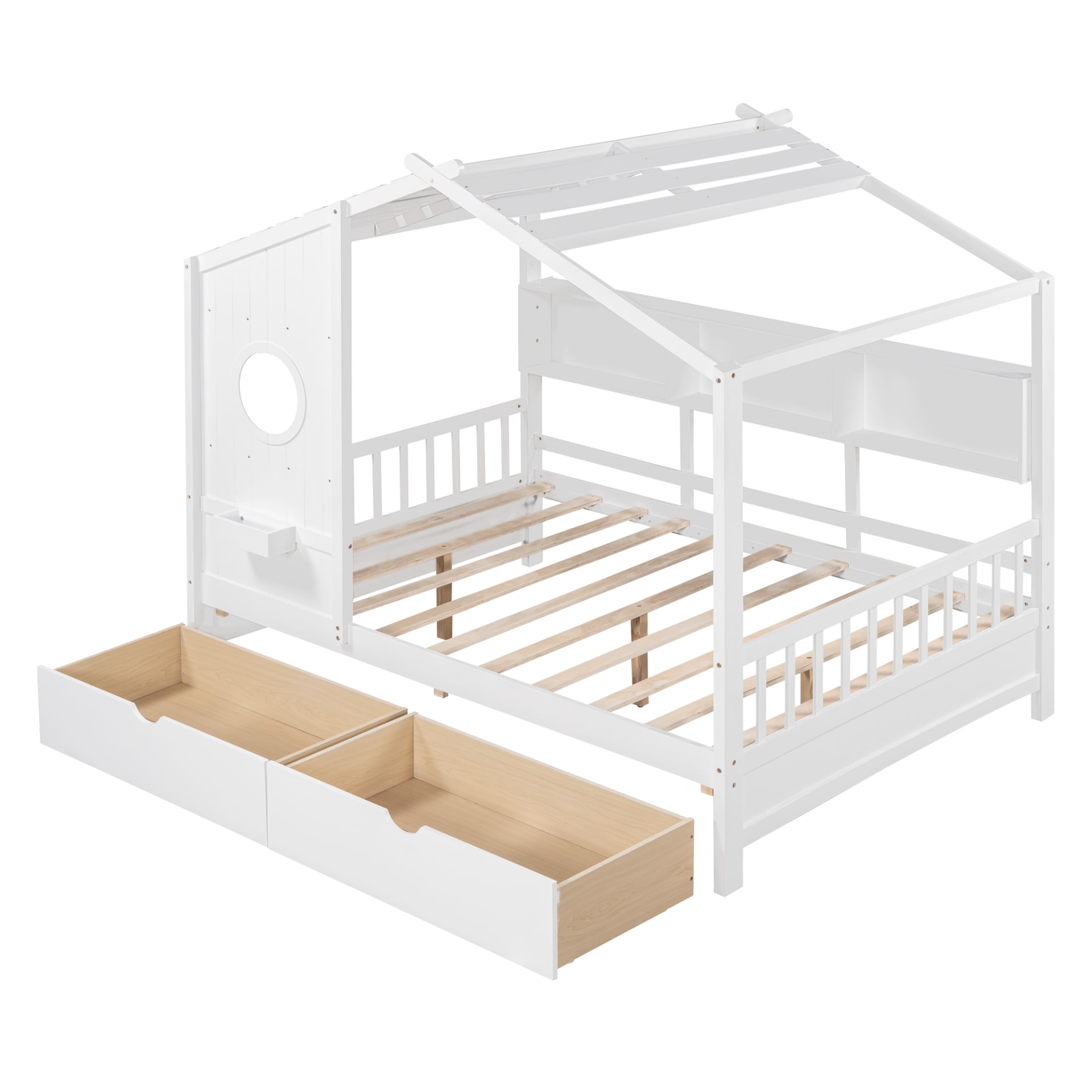 Wooden Full Size House Bed With 2 Drawers,Kids Bed With Storage Shelf, White view 5