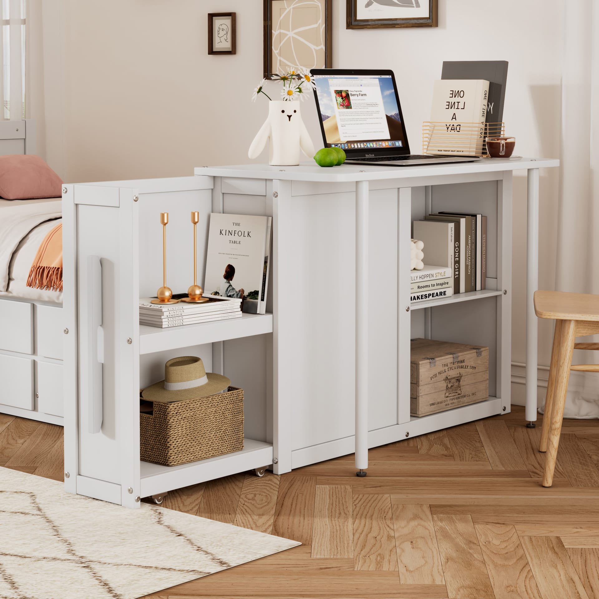 Twin Size Multifunctional Wood Platform Bed With Desk And Storage Shelf At The End Of The Bed, Built-in Trundle And 3 Drawers, White view 3