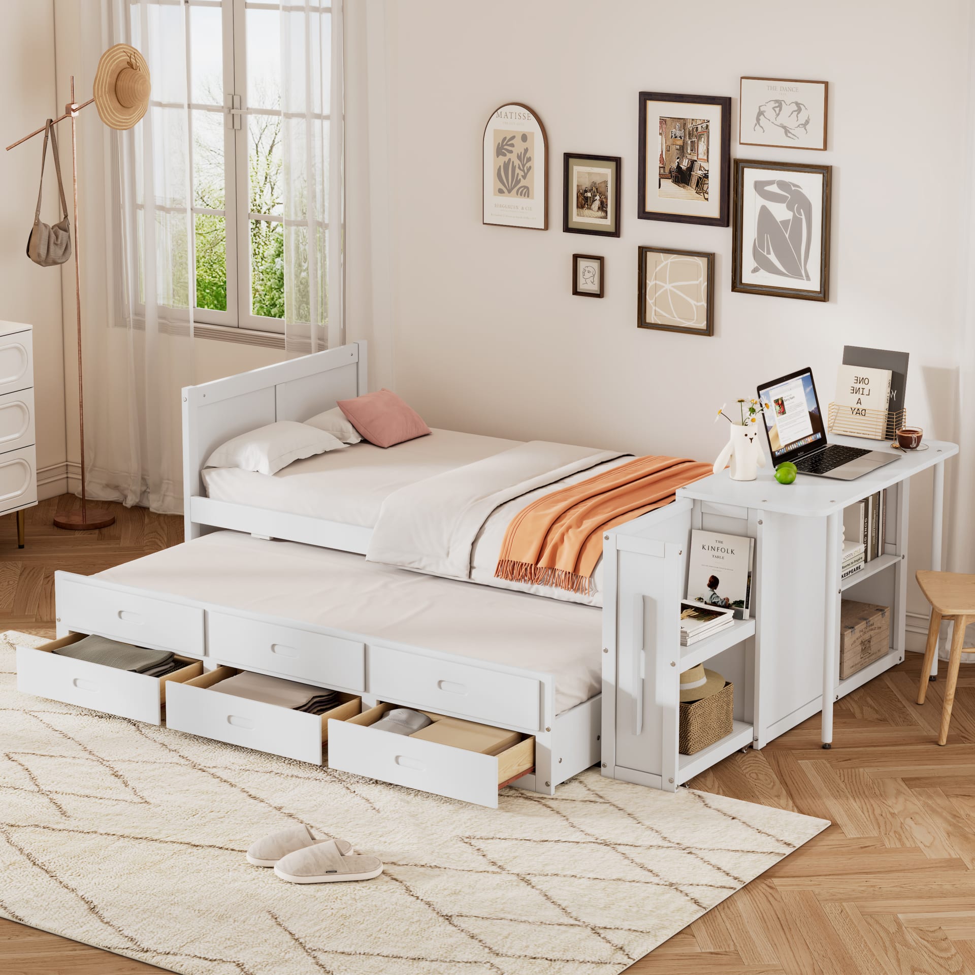 Twin Size Multifunctional Wood Platform Bed With Desk And Storage Shelf At The End Of The Bed, Built-in Trundle And 3 Drawers, White view 2