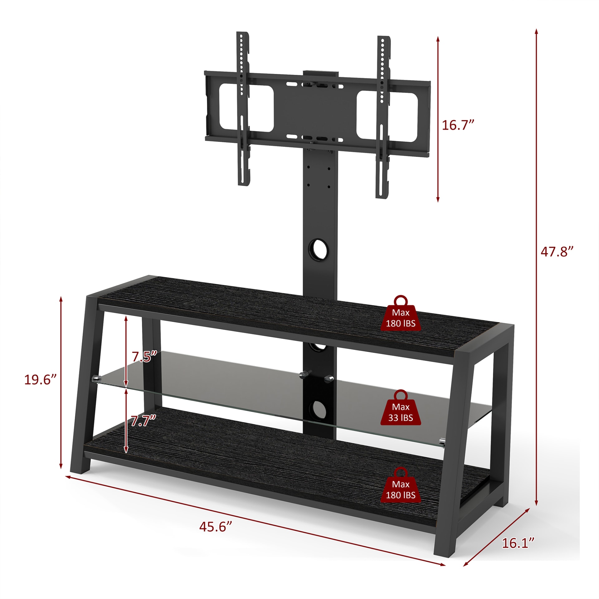 Wooden Storage TV Stand Black Tempered Glass Height Adjustable Universal Swivel Entertainment Center With Mount TV Stand,black view 4