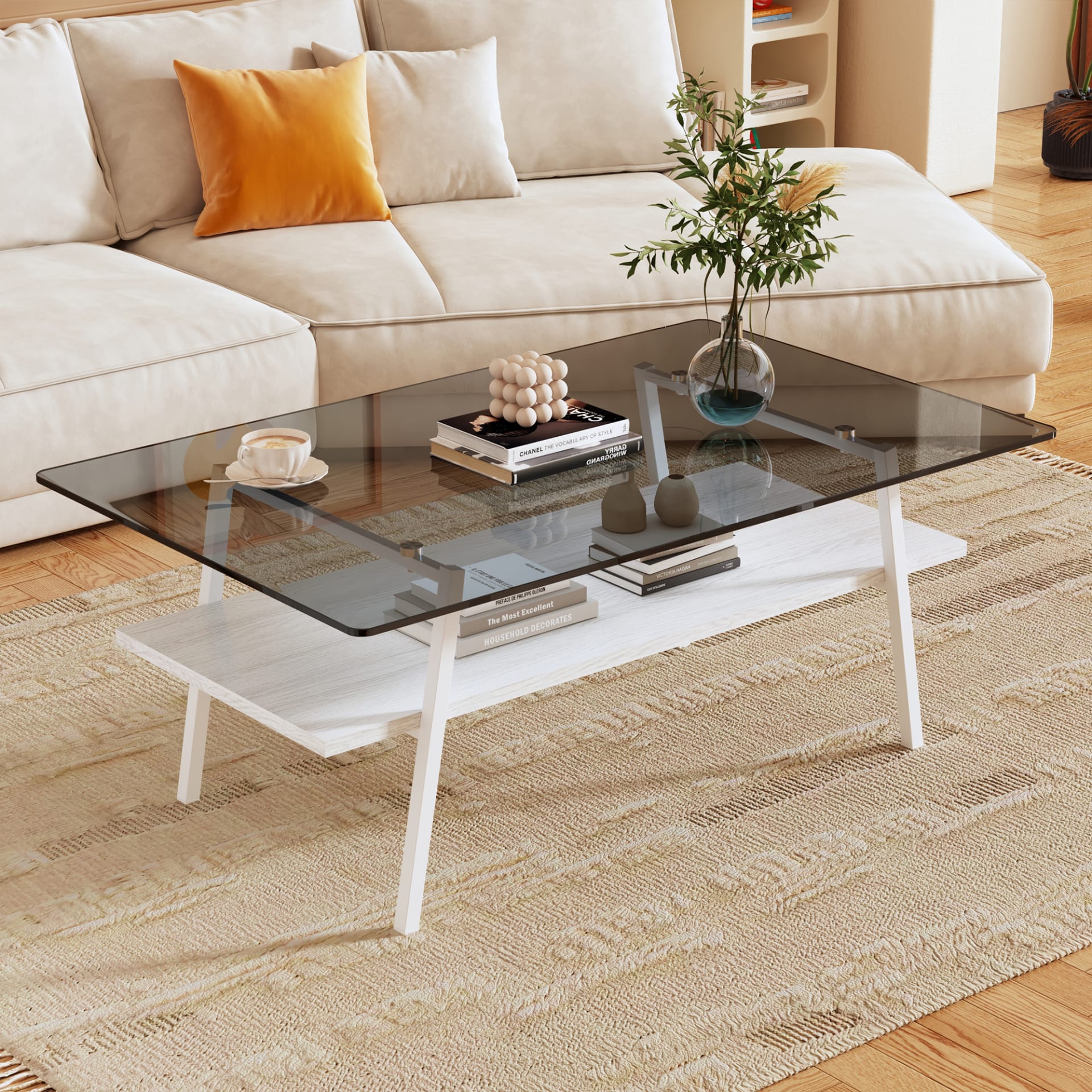 Rectangle Coffee Table, Tempered Glass Tabletop With White Metal Legs, Modern Table For Living Room , Gray Glass view 2
