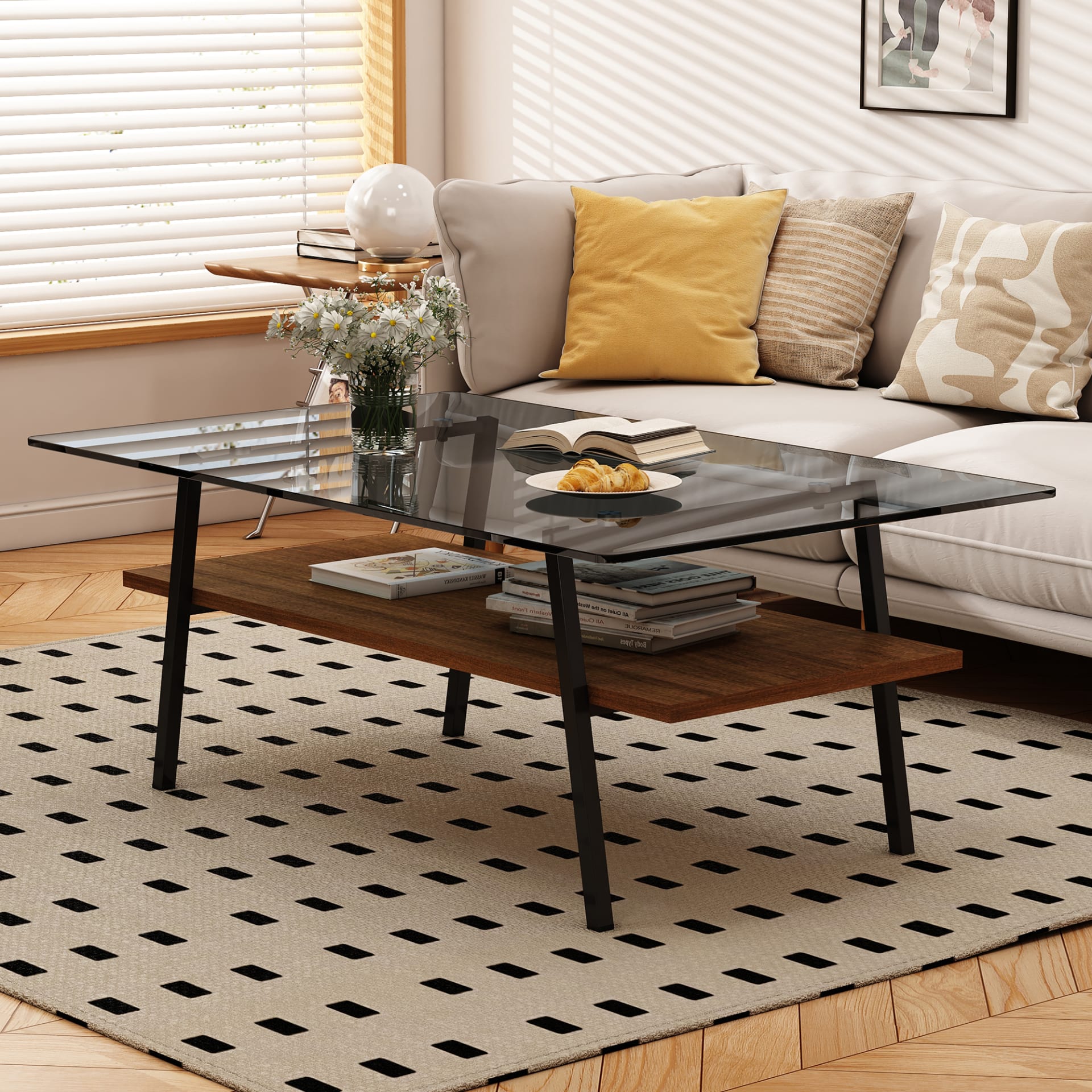 Rectangle Coffee Table, Tempered Glass Tabletop With Black Metal Legs, Modern Table For Living Room , Gray Glass view 3