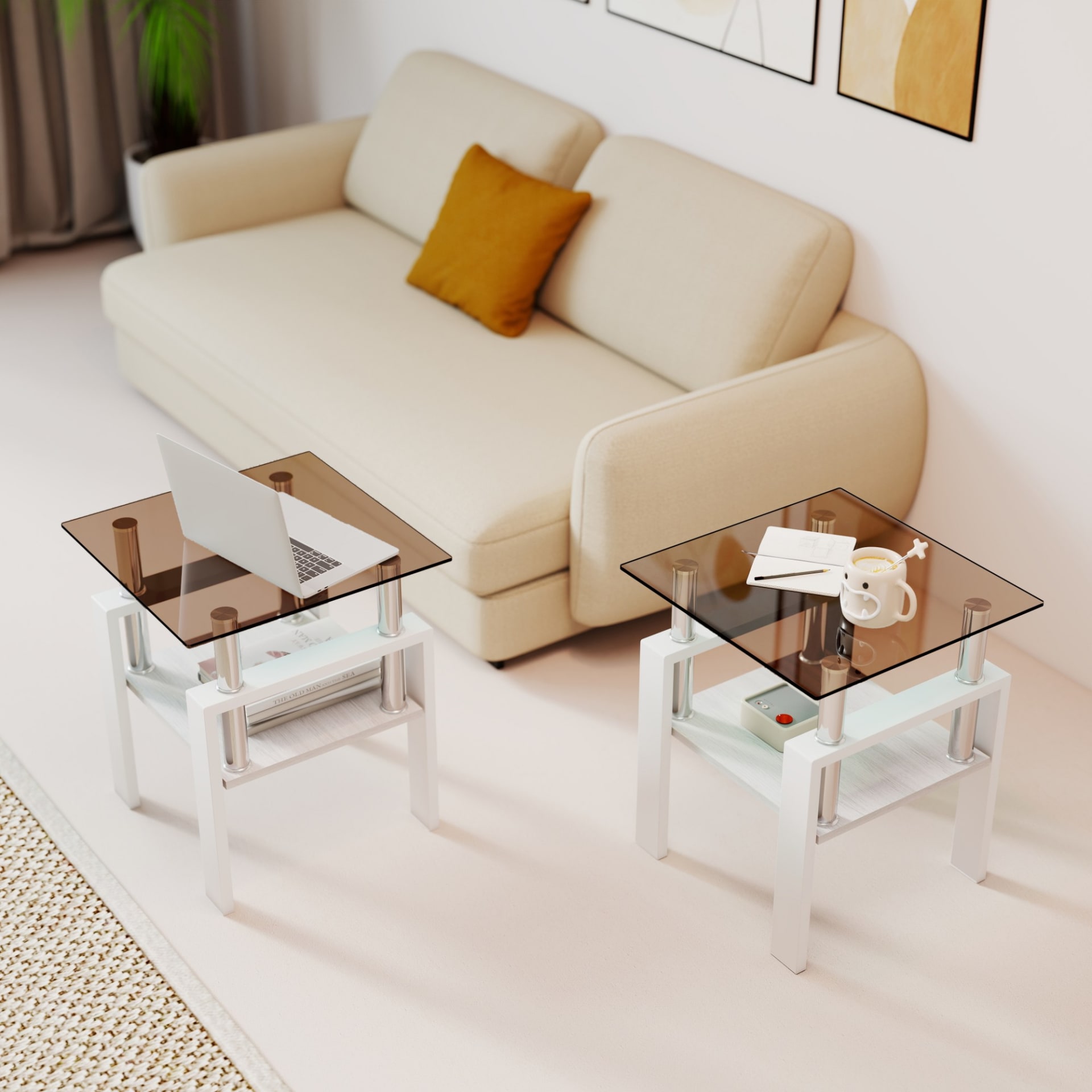 Set Of 2 Modern Tempered Glass Tea Table ,Tempered Glass Tabletop With MDF Layer,Coffee Table,End Table, Square Table For Living Room, Brown White view 4