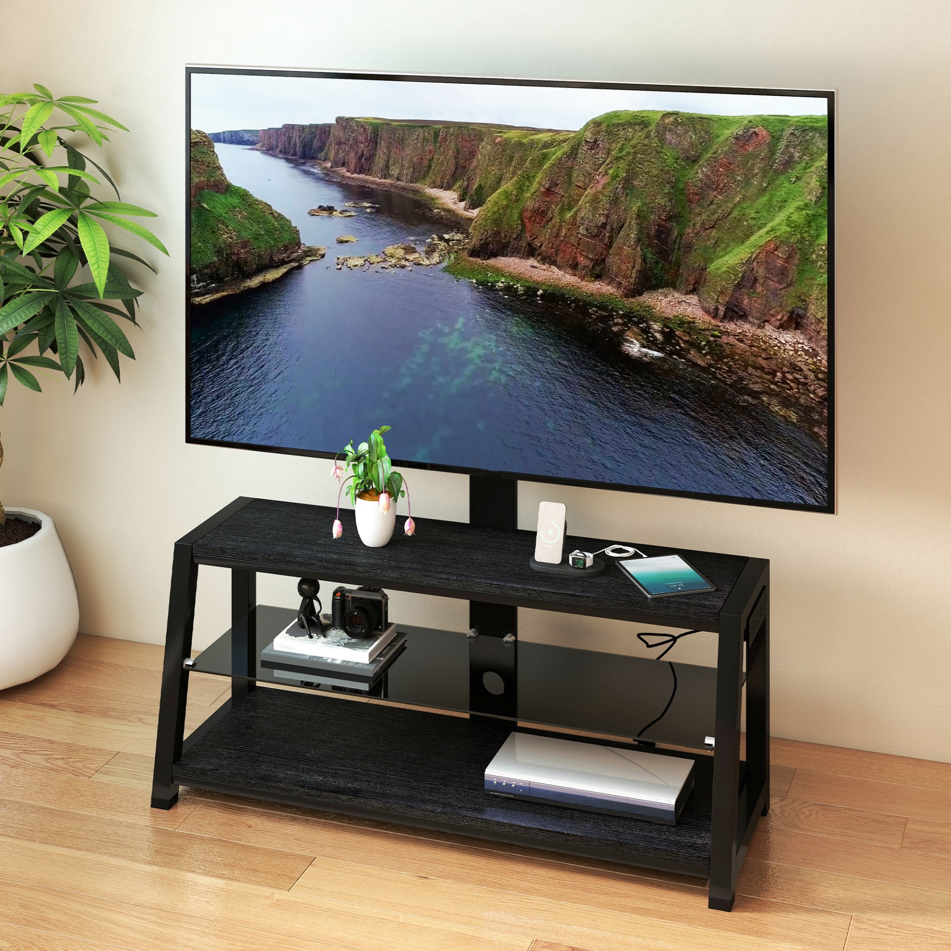 Wooden Storage TV Stand Black Tempered Glass Height Adjustable Universal Swivel Entertainment Center With Mount TV Stand,black view 5