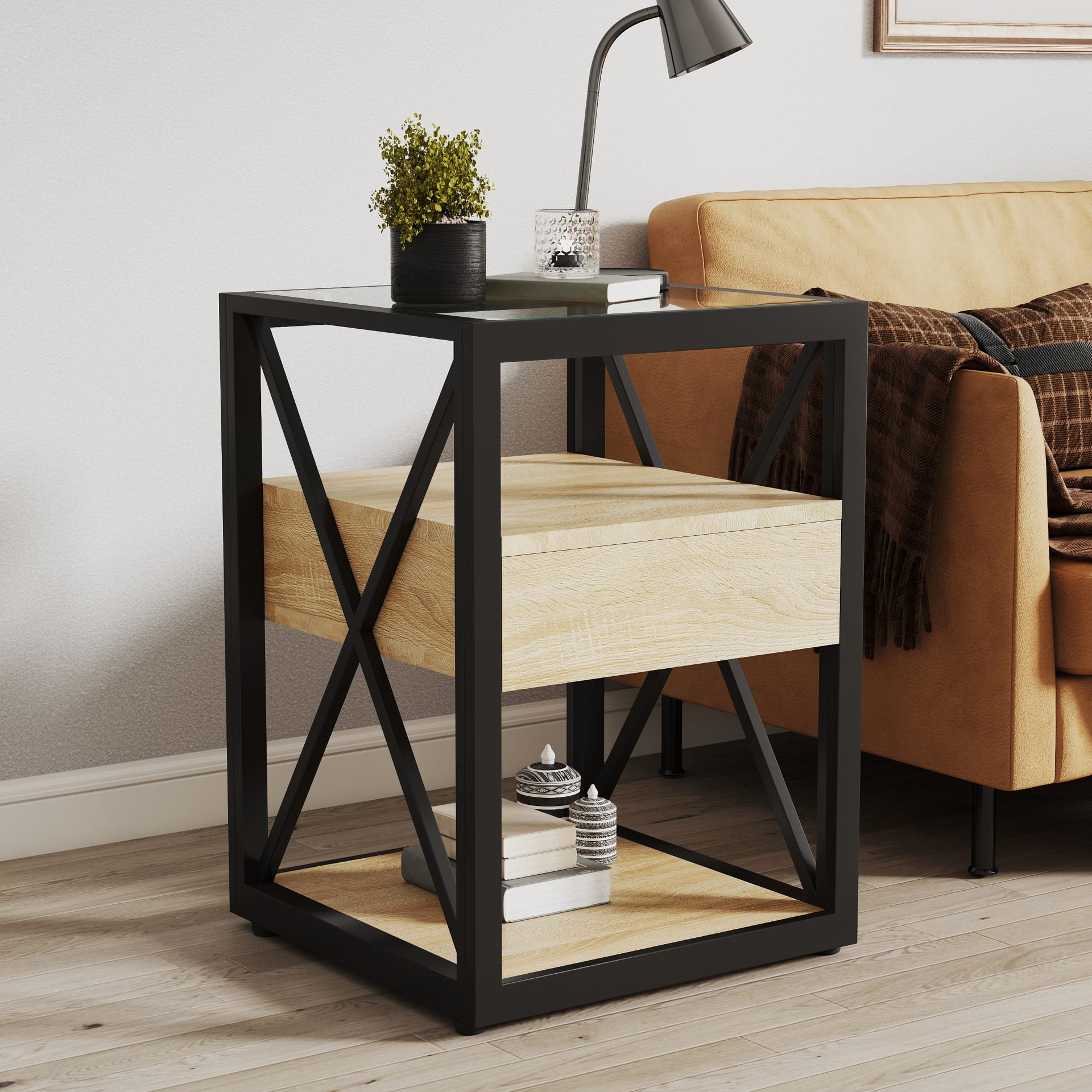 1 Piece Modern End Table With Drawer - Nightstand For Bedroom & Living Room, Natural Wood MDF & Tempered Glass Top, Industrial Style Side Table view 1
