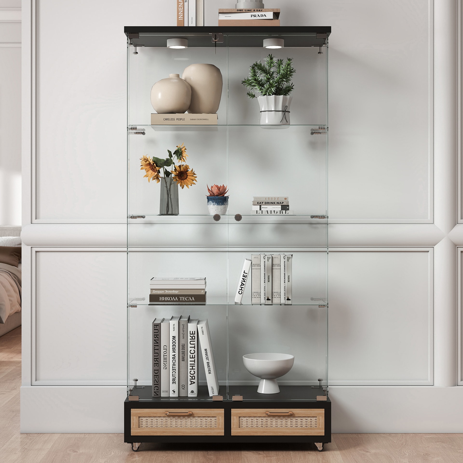 Modern Glass Display Cabinet With Large Drawers,Quick-assembly Antique Cabinet With LED Lights,Tempered Glass Bookshelf,2-Door Storage Case With 4 Shelves For Living Room And Bedroom,black And Natural view 2