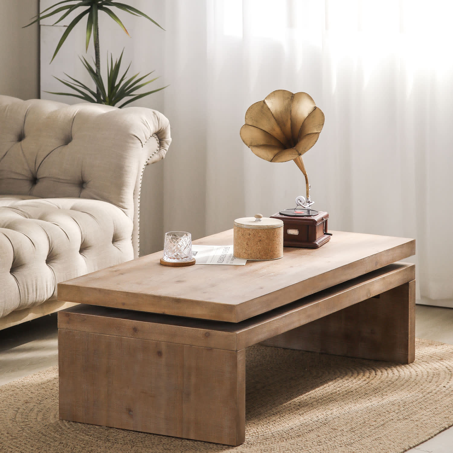 Modern Rustic Wood Coffee Table Rectangular Living Room Center Table With Floating Top Design 47.6 L X 23.6 W X16.3 H