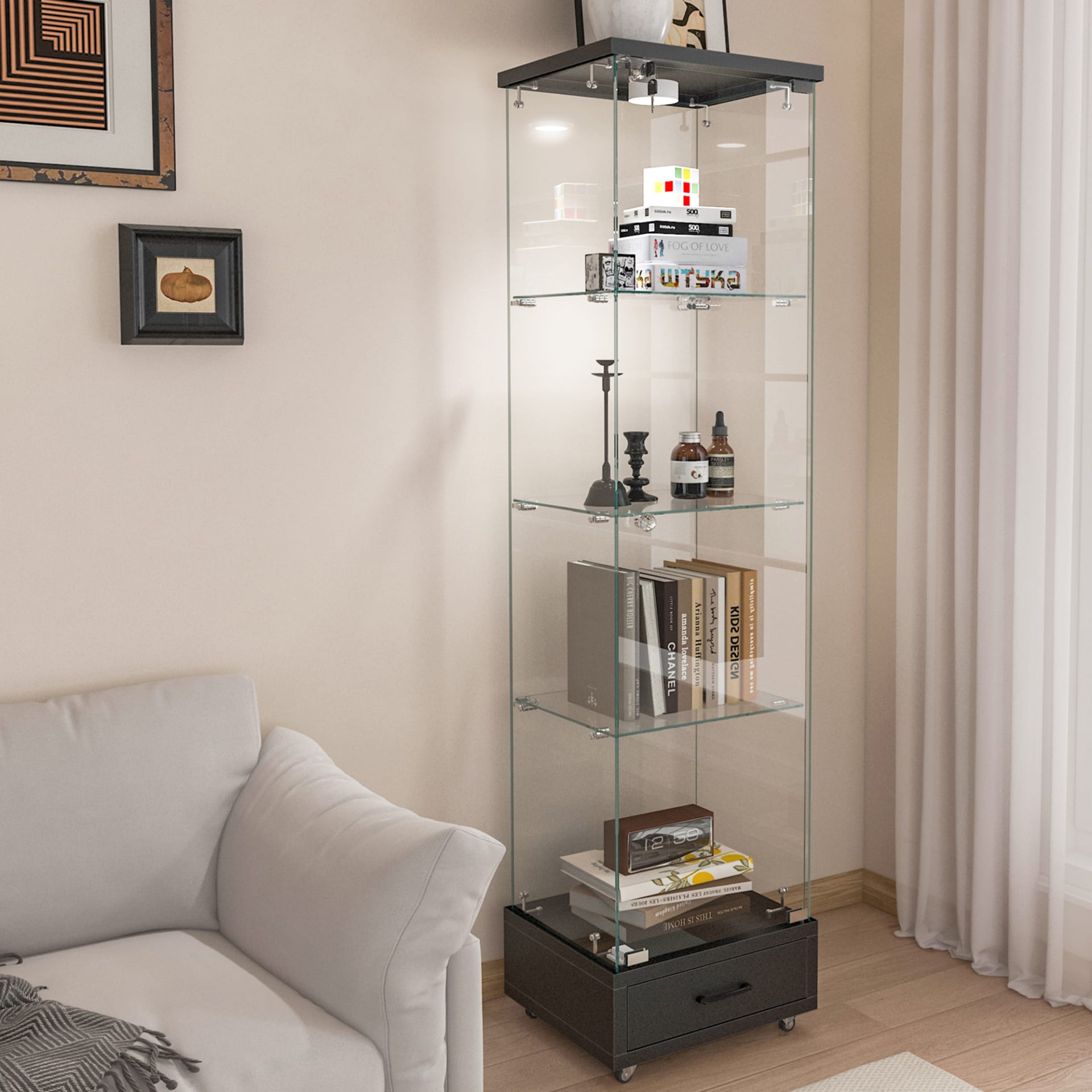 Modern Glass Display Cabinet With Drawer , Quick-assembly Antique Cabinet With LED Lights, Tempered Glass Bookshelf, 1-Door Storage Case With 4 Shelves For Living Room And Bedroom, Black