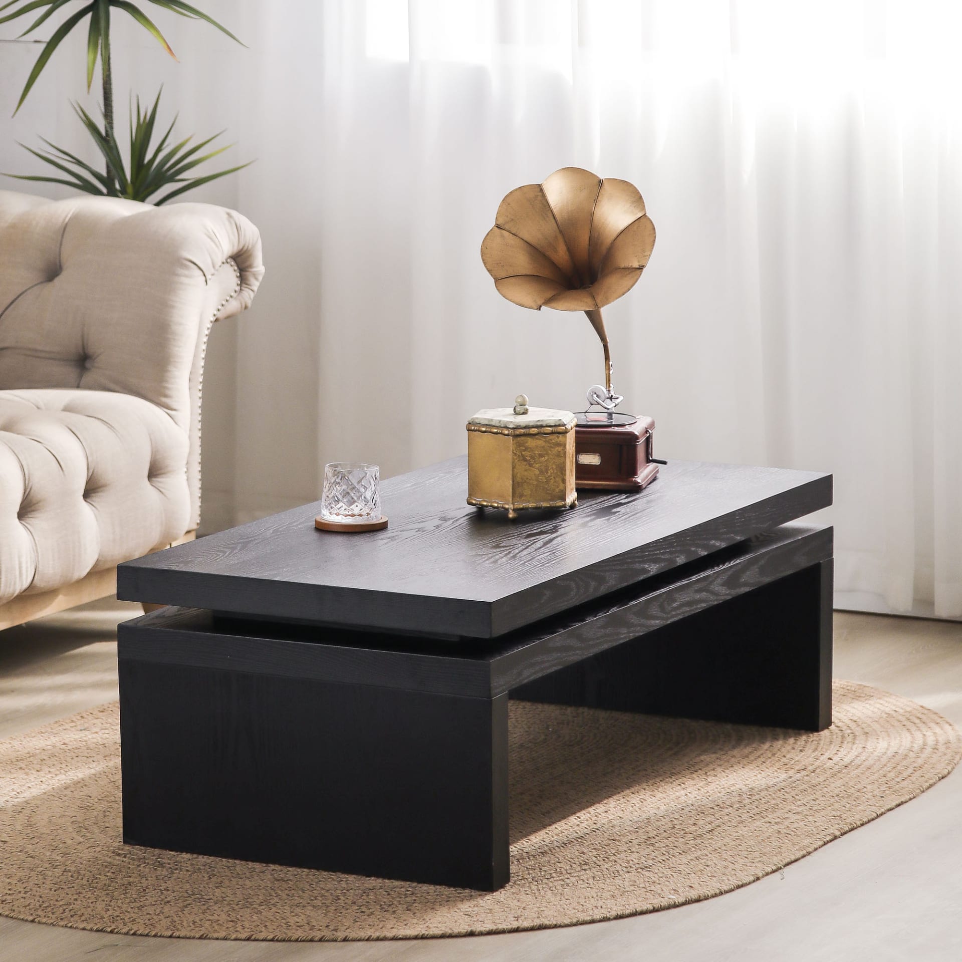 Modern Black Wood Coffee Table  Sleek Floating Top Design For Living Room 47.6  Lx23.6  W X16.3  H view 3